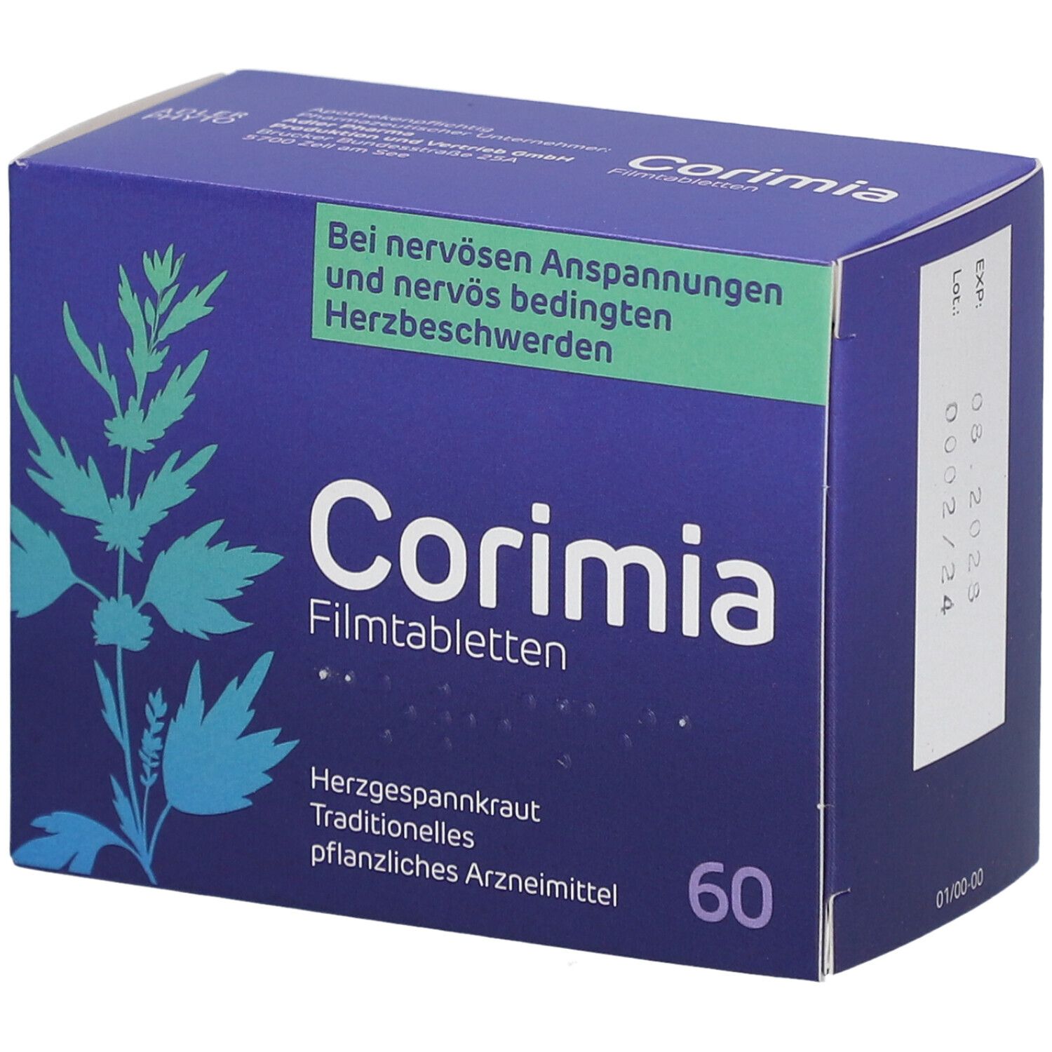 Blau-weiße Schachtel mit "Corimia Filmtabletten". Text: Herzgespannkraut, 60 Tabletten. Aufschrift: Bei nervösen Anspannungen und nervös bedingten Herzbeschwerden.