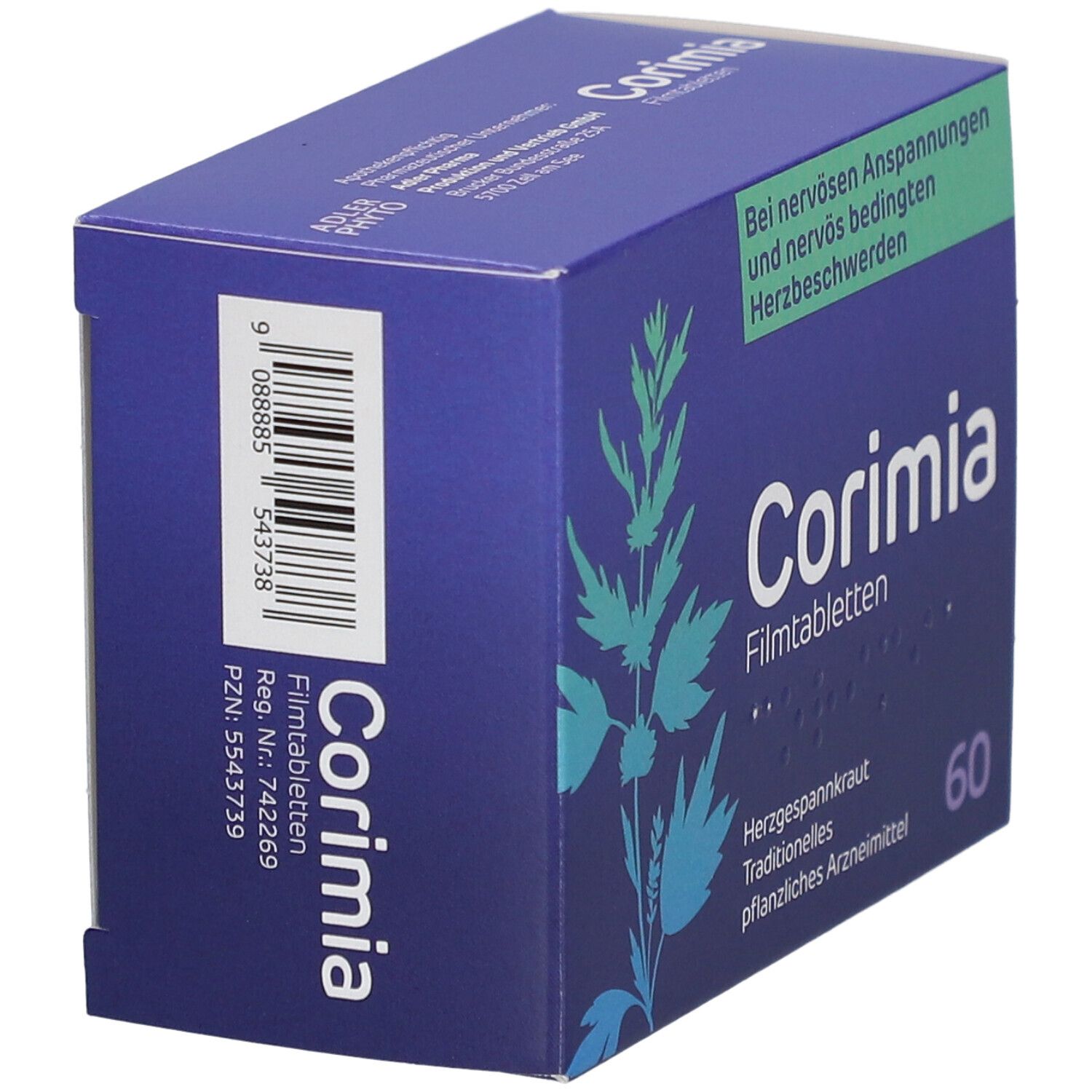 Blaue Schachtel "Corimia Filmtabletten". Text: Herzgespannkraut, 60 Tabletten. Barcode und PZN-Nummer. Aufschrift: Bei nervösen Anspannungen und nervös bedingten Herzbeschwerden.