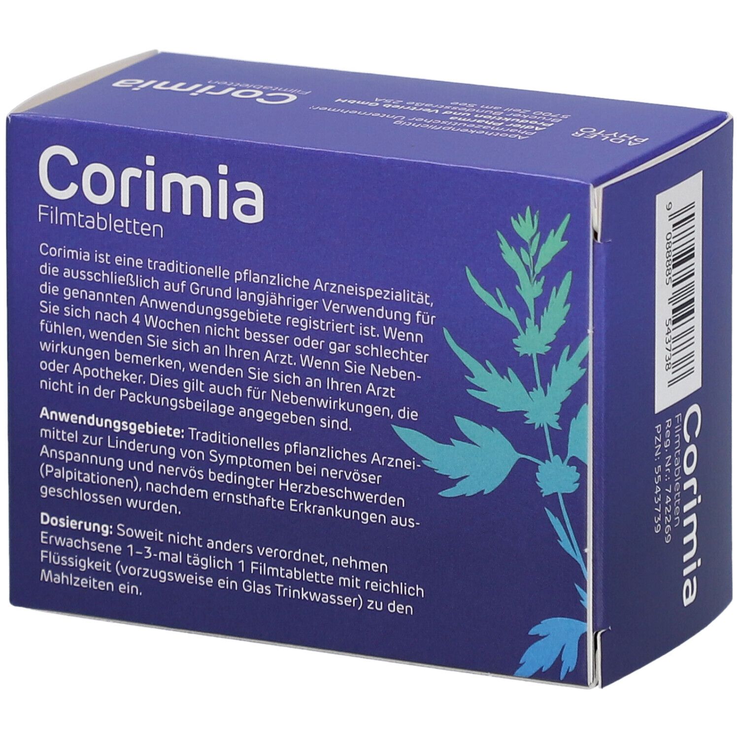 Blaue Schachtel "Corimia Filmtabletten". Text auf der Seite. Aufschrift: Herzgespannkraut, traditionelles pflanzliches Arzneimittel. Rückseite mit Text.