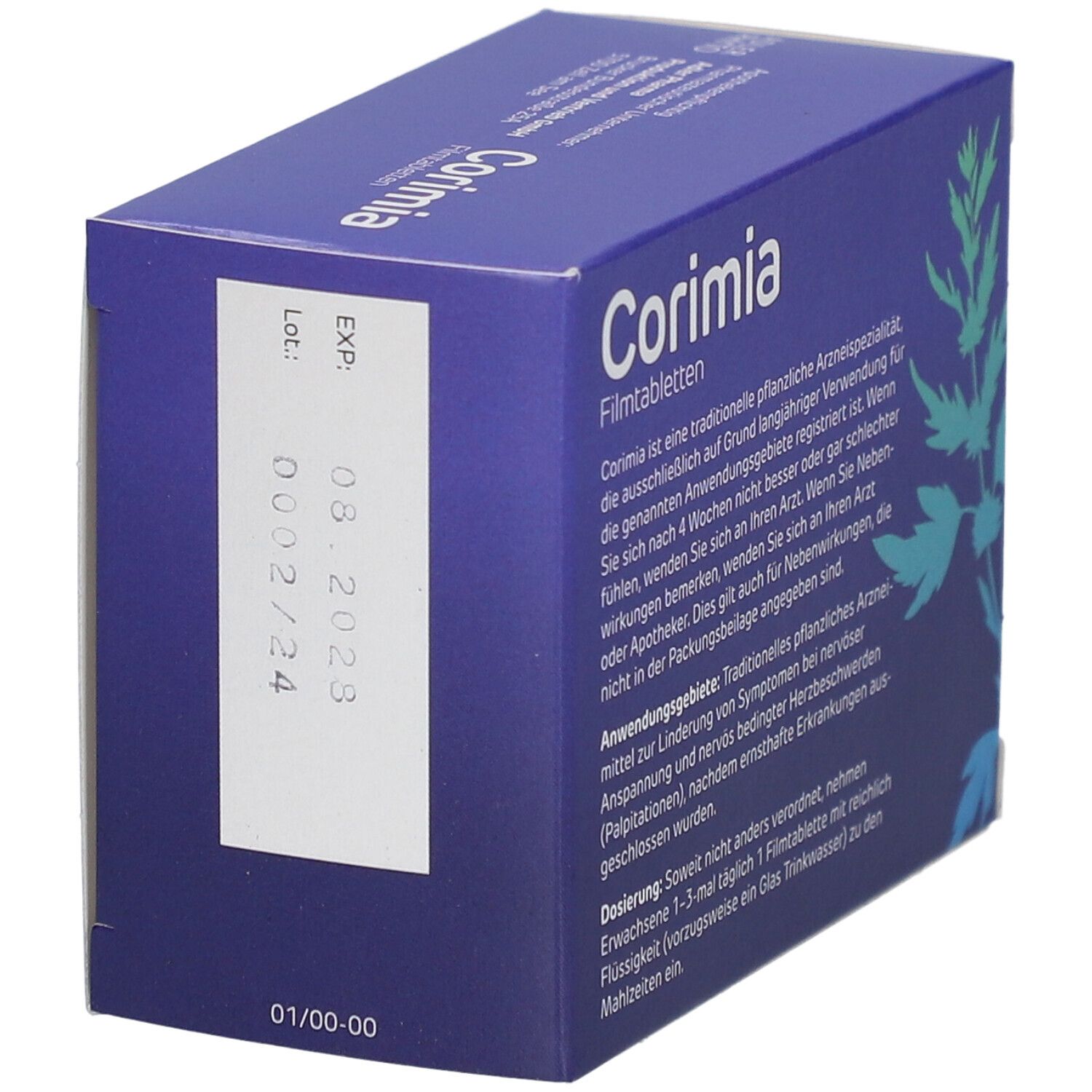 Blaue Schachtel "Corimia Filmtabletten". Text auf der Seite. Aufschrift: Herzgespannkraut, traditionelles pflanzliches Arzneimittel. Rückseite mit Text.