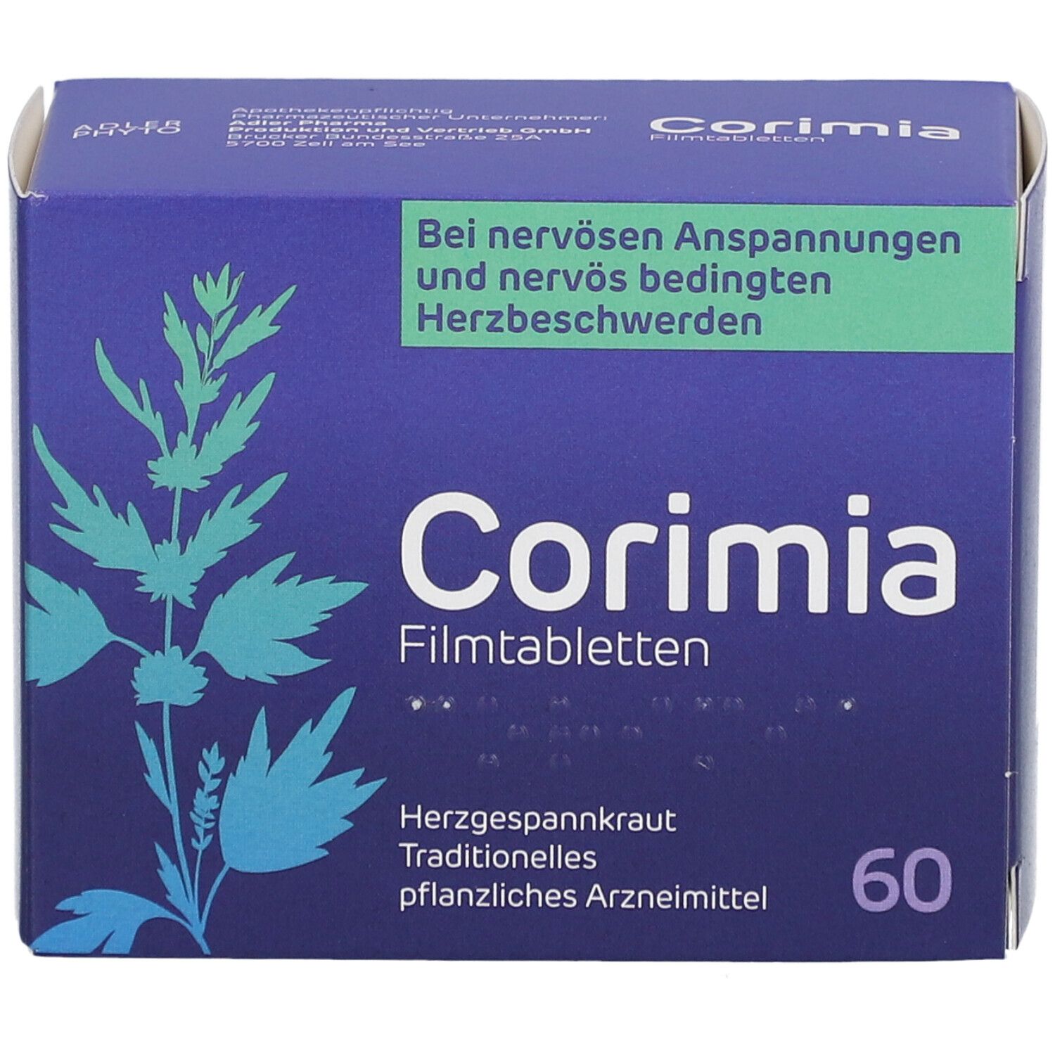 Blaue Schachtel "Corimia Filmtabletten". Text: Herzgespannkraut, 60 Tabletten. Aufschrift: Bei nervösen Anspannungen und nervös bedingten Herzbeschwerden.