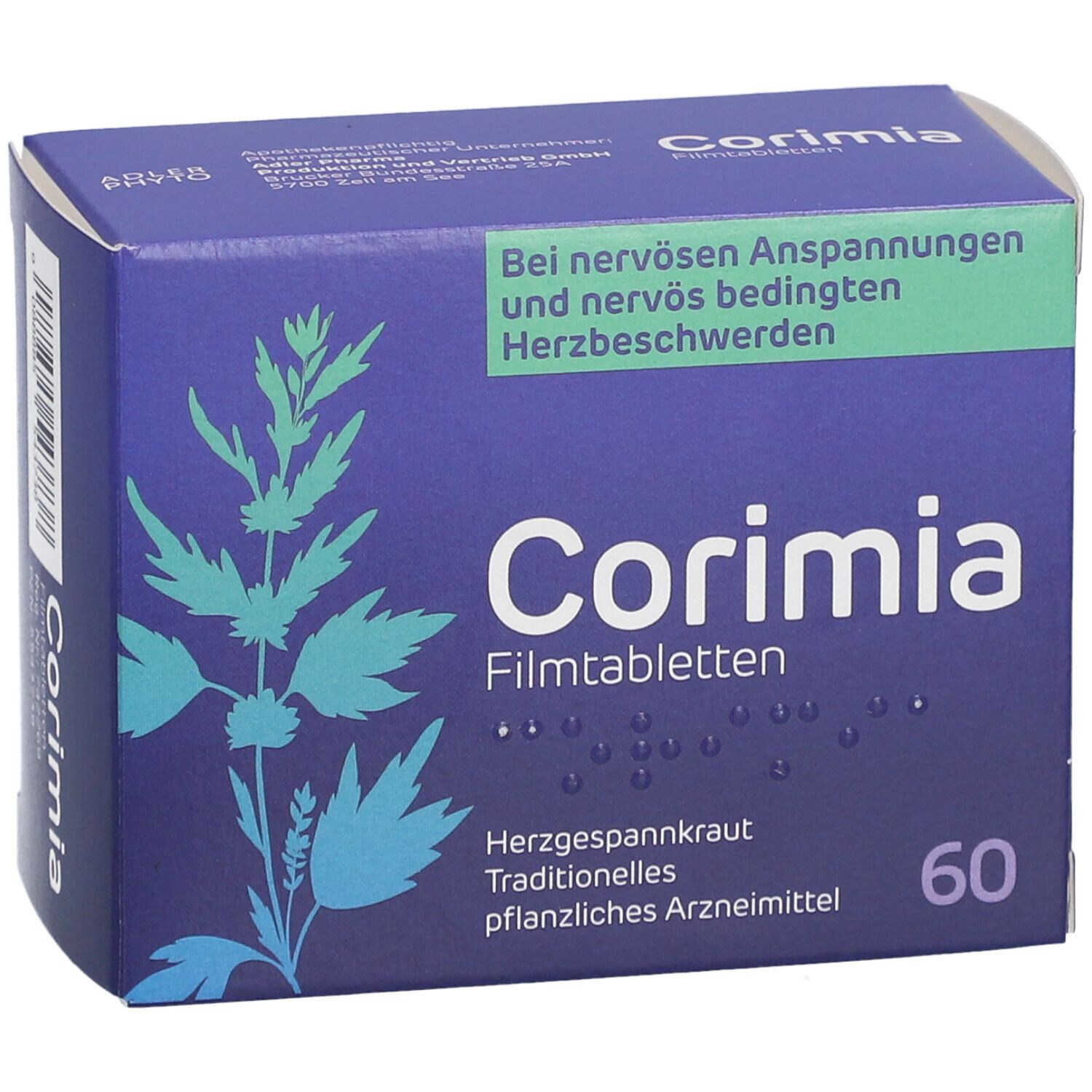 Blaue Schachtel "Corimia Filmtabletten". Text: Herzgespannkraut, 60 Tabletten. Aufschrift: Bei nervösen Anspannungen und nervös bedingten Herzbeschwerden.