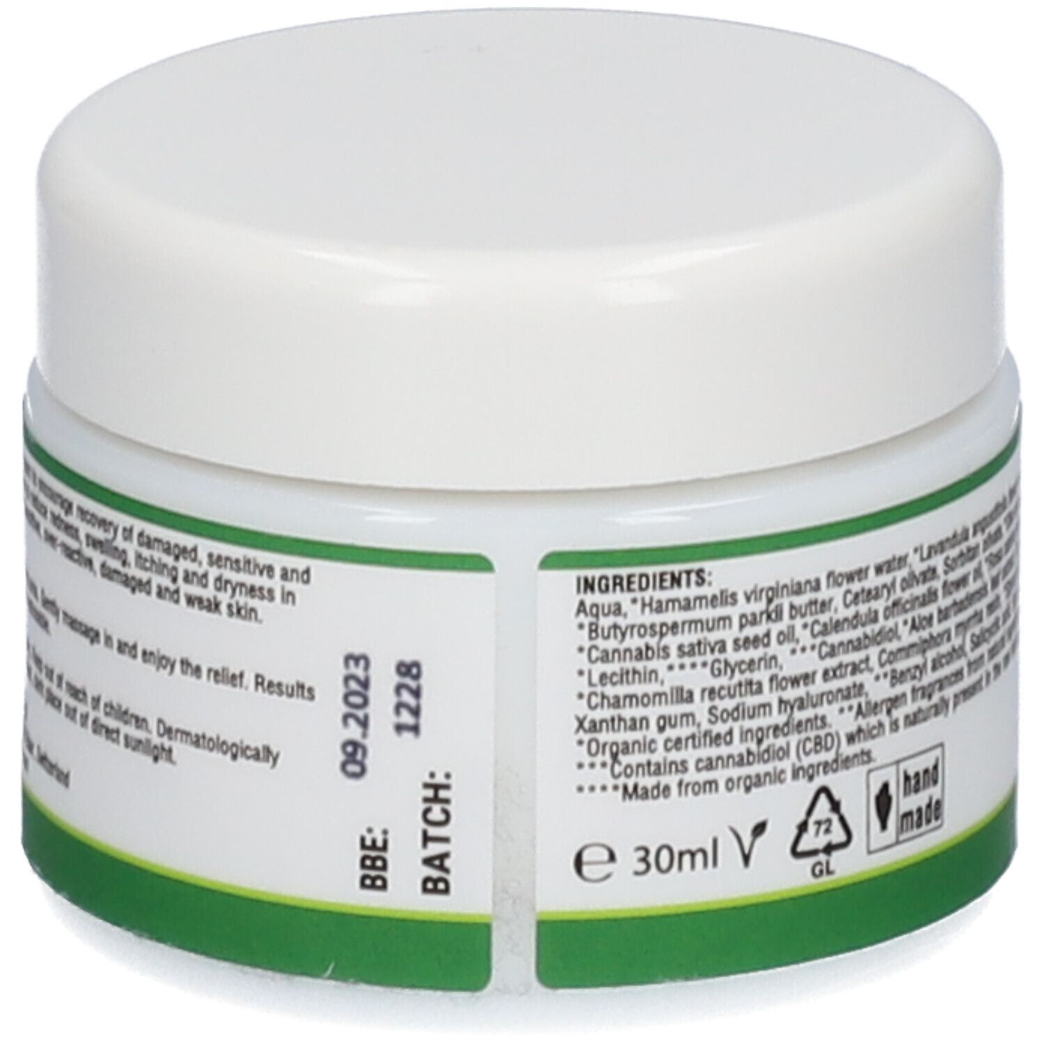 Cremetiegel mit Inhaltsstoffen und Haltbarkeitsdatum. Aufschrift: BBE: 09.2023, Batch: 1228.