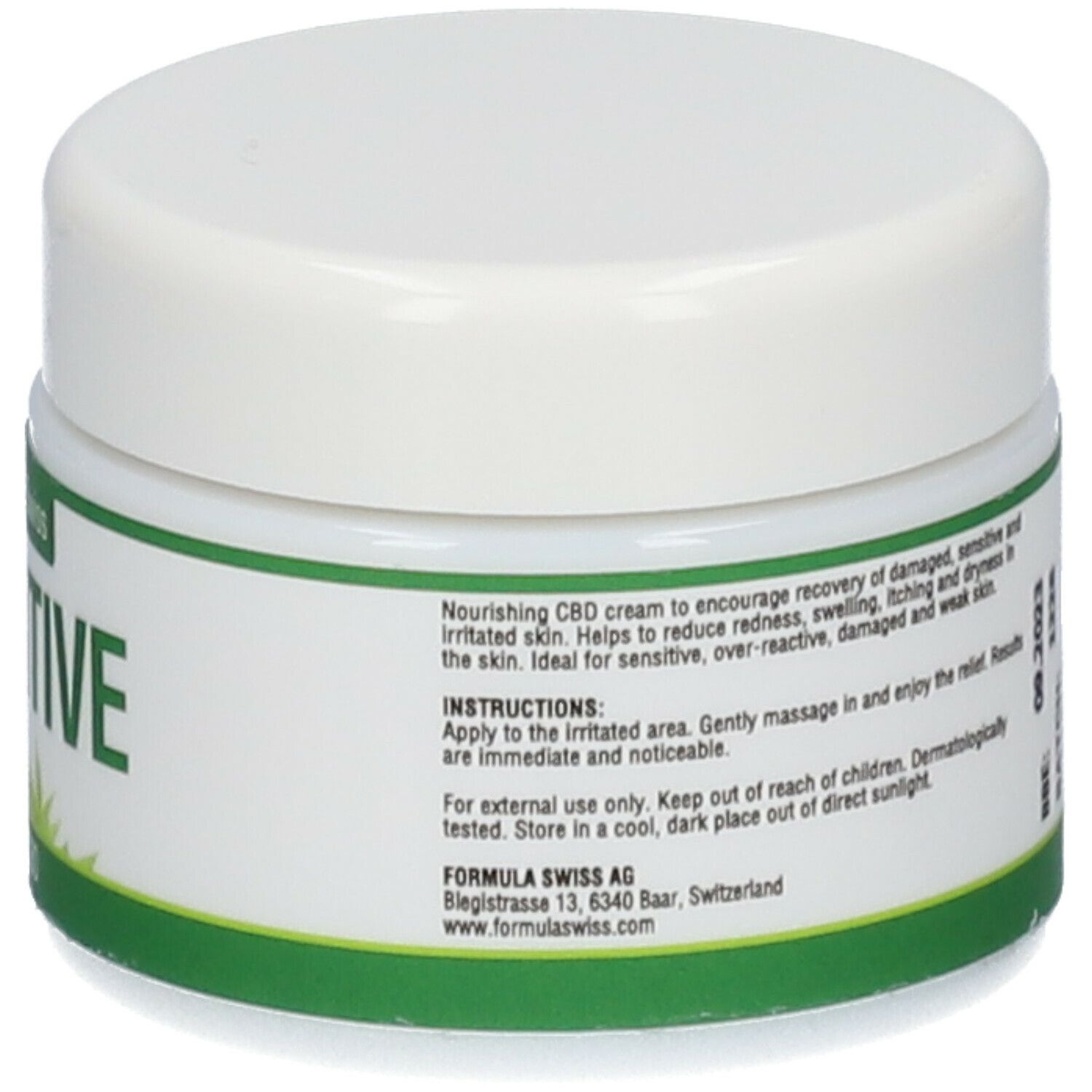 Cremetiegel mit Anweisungen. Aufschrift: Für die äußerliche Anwendung. Formula Swiss AG, Schweiz.
