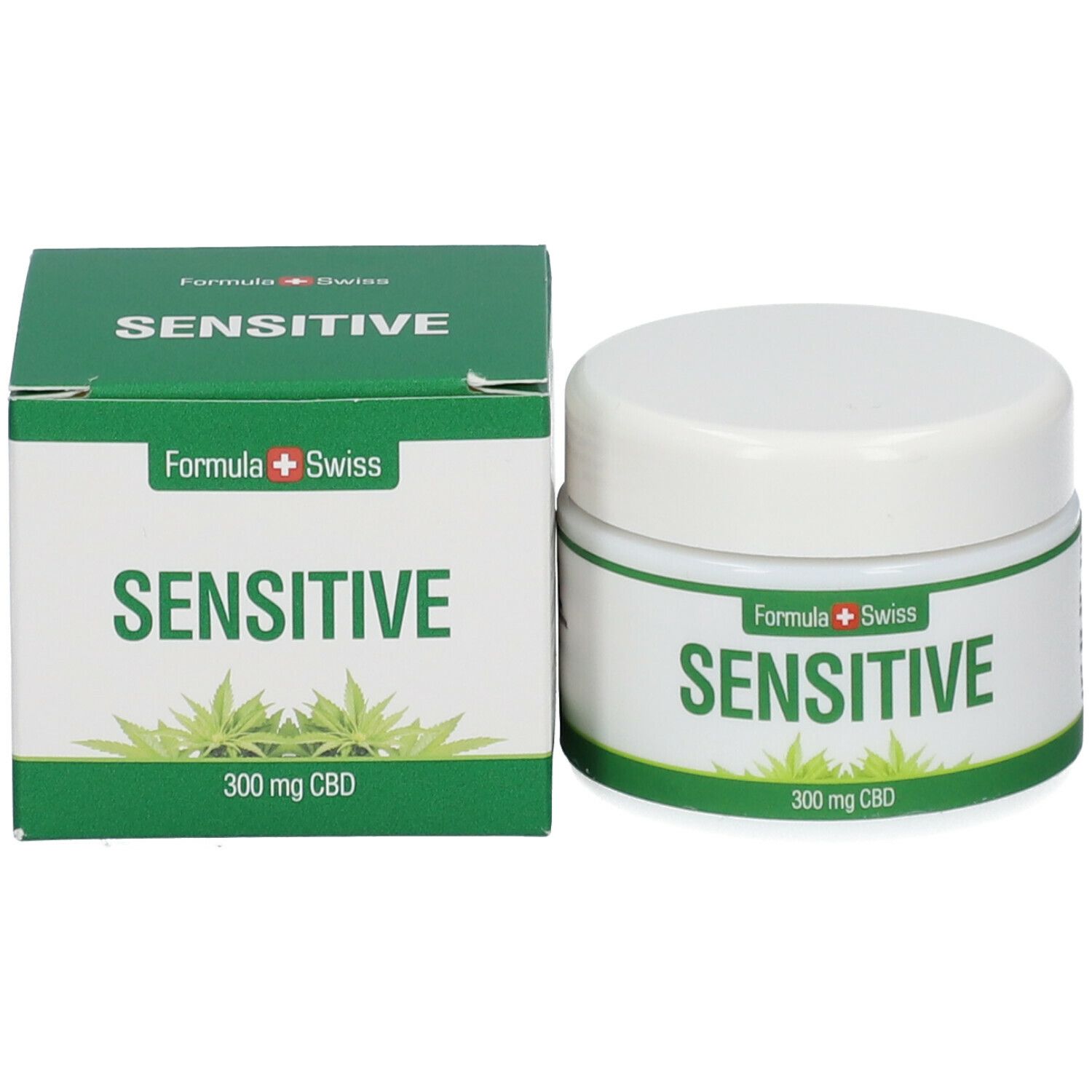 Cremetiegel und Schachtel. Aufschrift: SENSITIVE, 300 mg CBD. Marke: Formula Swiss. Grüne Verpackung.