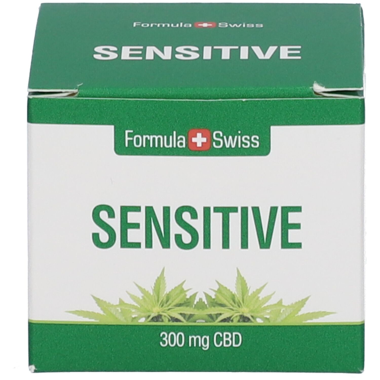 Grüne Schachtel mit Aufschrift: SENSITIVE, 300 mg CBD. Marke: Formula Swiss. Pflanzen-Illustration.