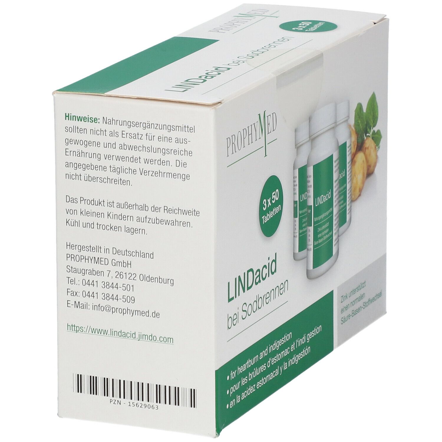 Rückseite der LINDacid®-Verpackung mit drei Flaschen und 3 x 50 Tabletten. Textinformationen und Logo PROPHYMED.