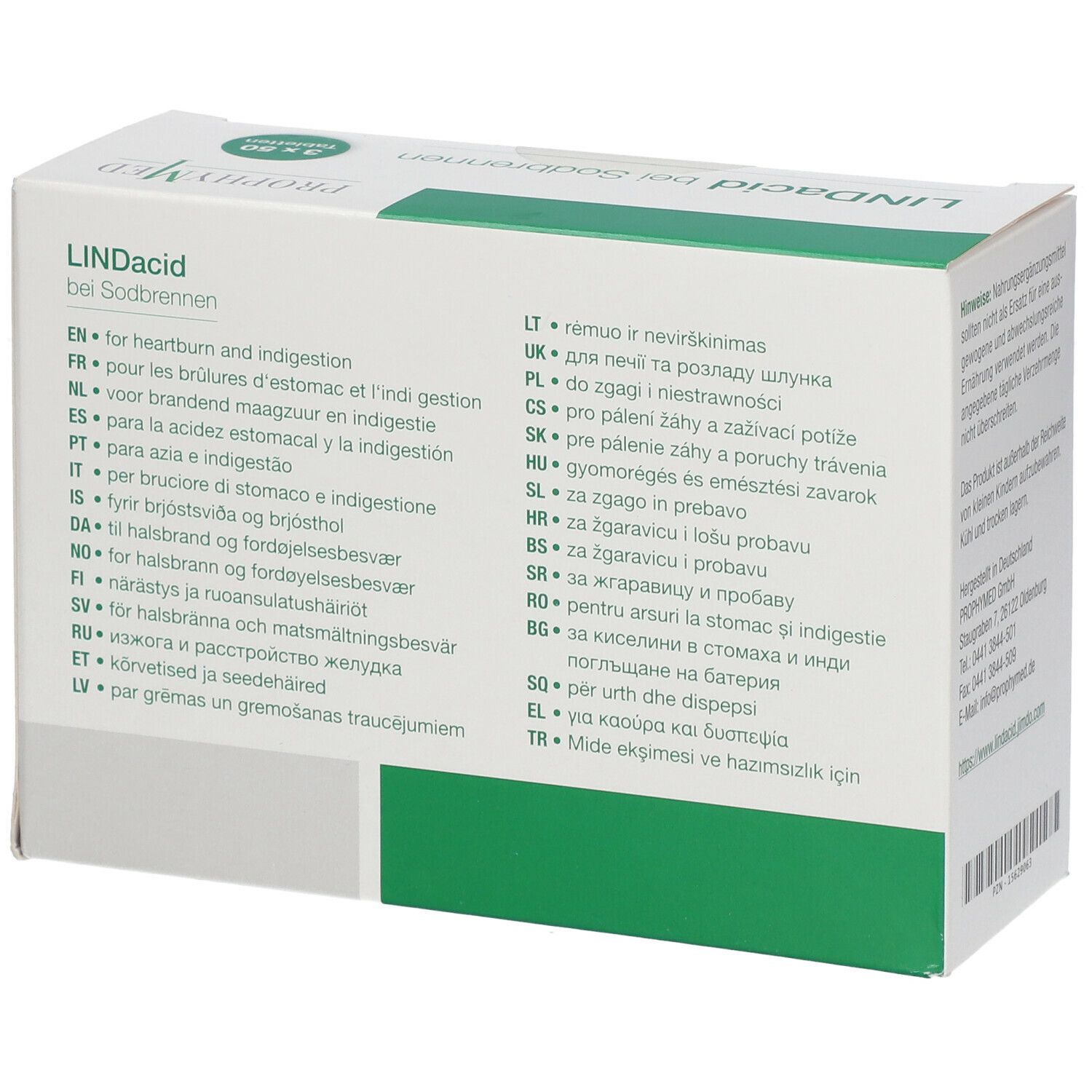 Seite der LINDacid®-Verpackung mit Text in verschiedenen Sprachen. Produktname und Logo PROPHYMED.