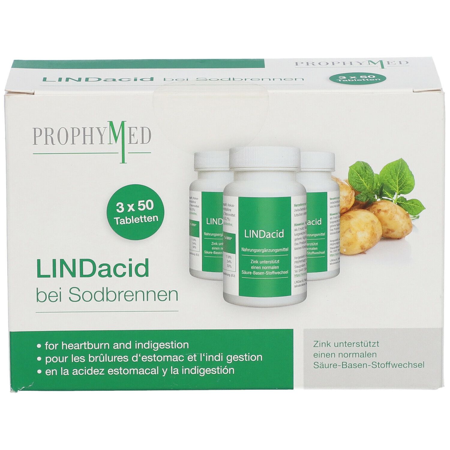 Verpackung von LINDacid® mit drei Flaschen und 3 x 50 Tabletten. Kartoffeln und Blätter sind abgebildet.