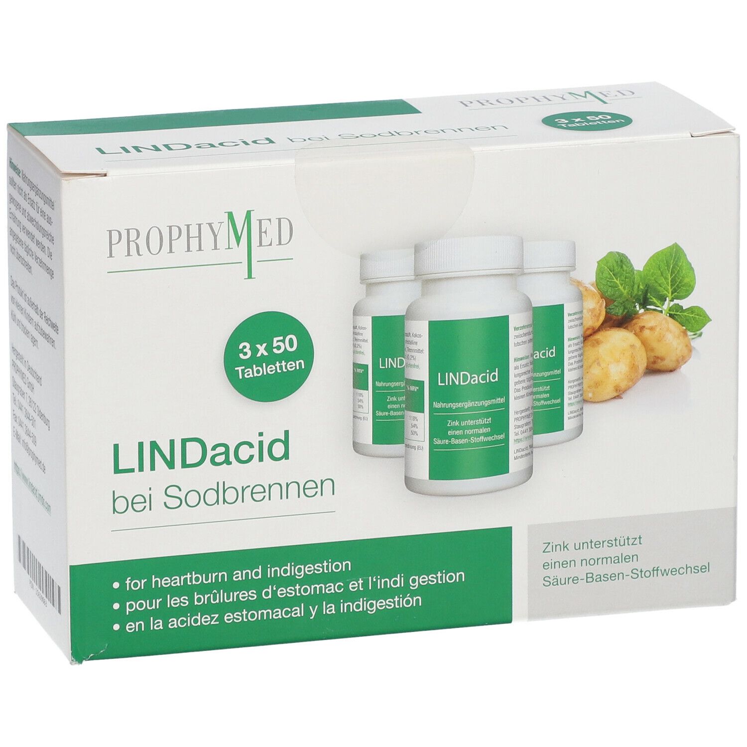 Verpackung von LINDacid® mit drei Flaschen und 3 x 50 Tabletten. Kartoffeln und Blätter sind abgebildet.