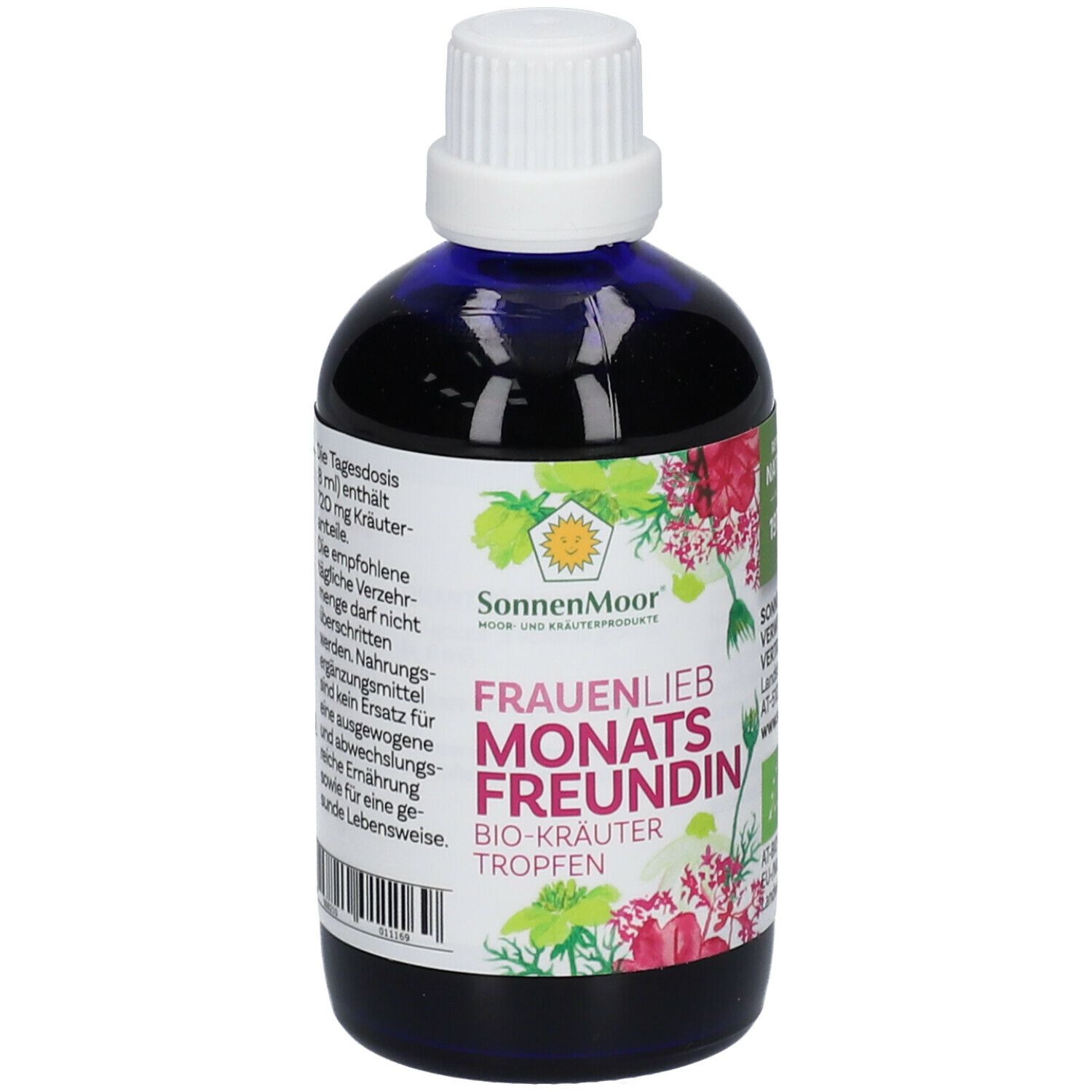 Braune Glasflasche mit blauem Inhalt, weißem Deckel. Etikett mit Produktnamen, Logo und floralen Elementen.