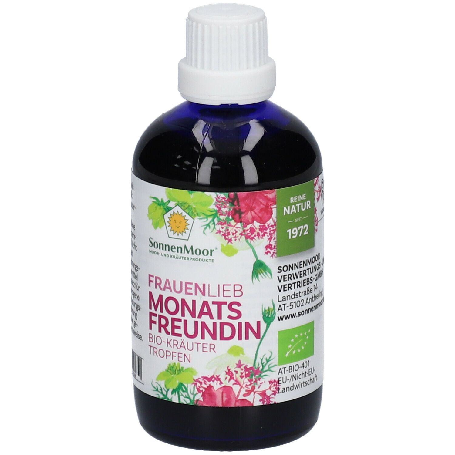 Braune Glasflasche mit blauem Inhalt, weißem Deckel. Etikett mit Produktnamen, Logo, floralen Elementen und Qualitätssiegel.
