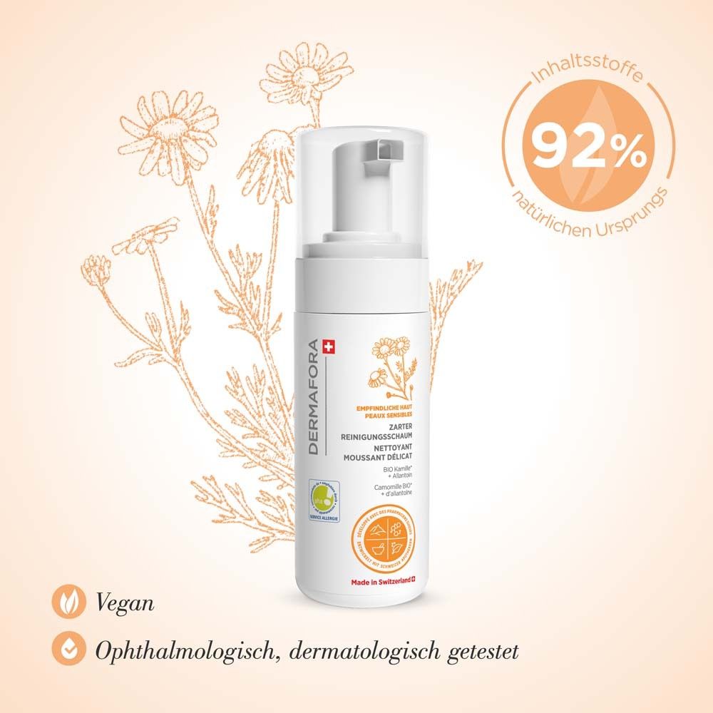 Weiße Flasche mit Pumpverschluss. Aufschrift DERMAFORA, Schweizer Kreuz. Vegan, dermatologisch getestet. 92% natürlichen Ursprungs.