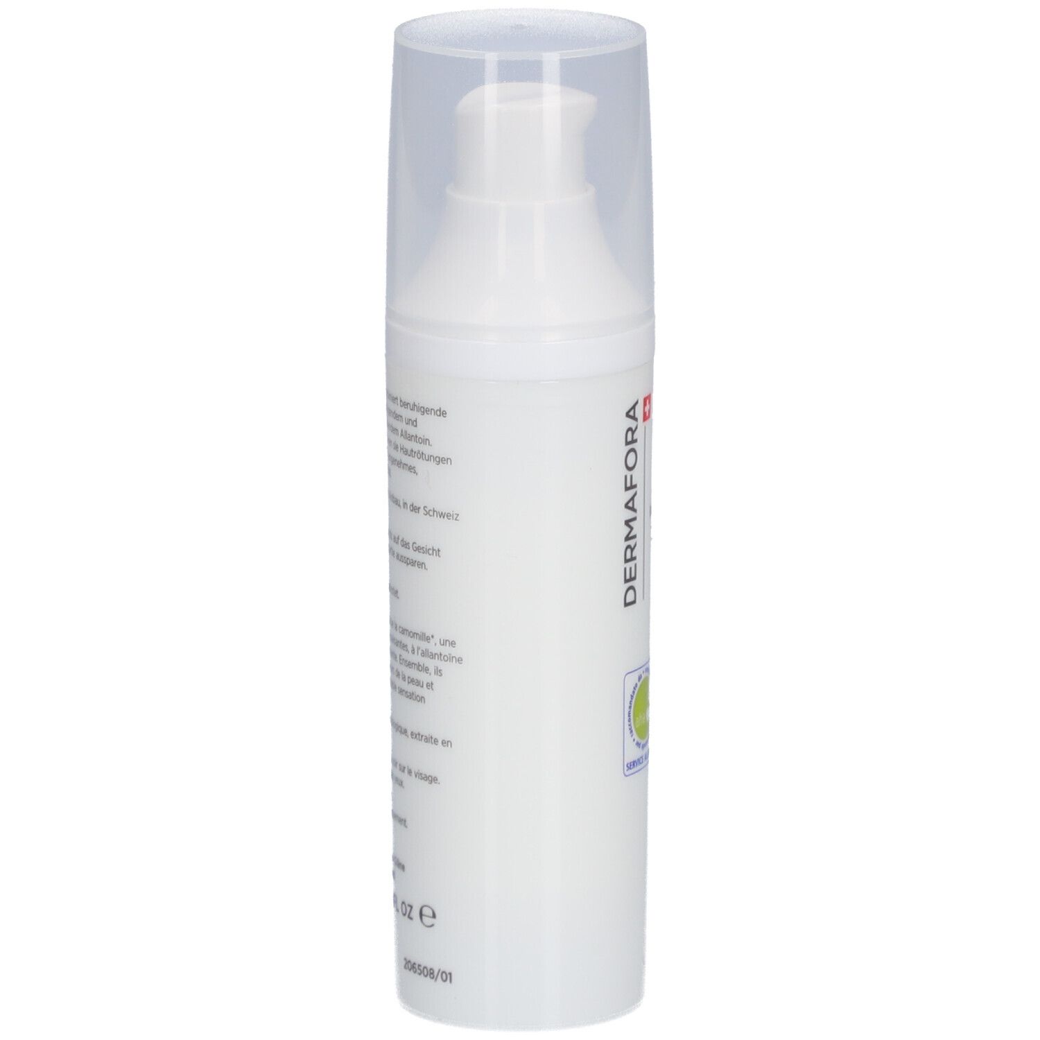 Weiße Flasche mit Dosierpumpe und Klarsichtkappe. Aufschrift: DERMAFORA. Rückseite mit Text und Logo.