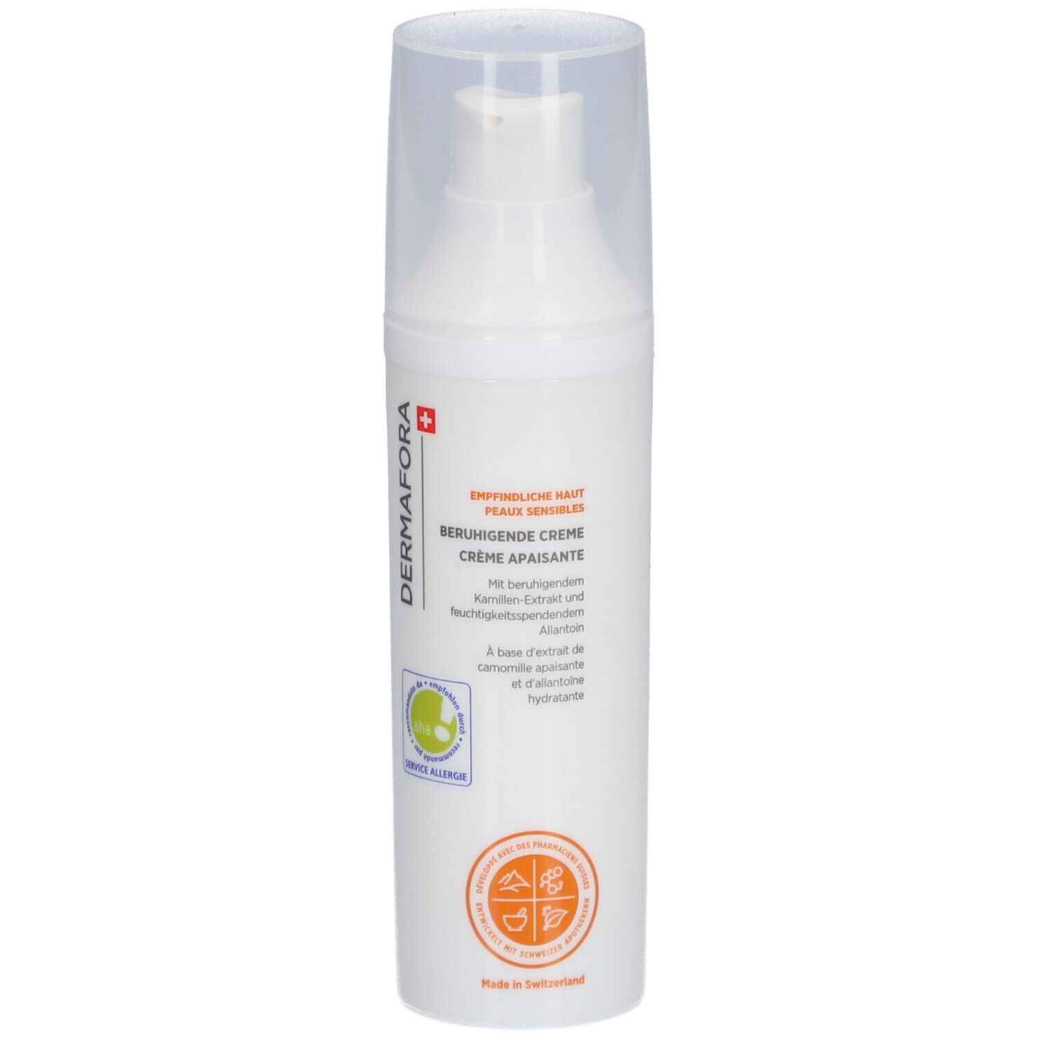 Weiße Flasche mit Dosierpumpe und Klarsichtkappe. Aufschrift: DERMAFORA, Beruhigende Creme. Logo: Schweizer Kreuz.