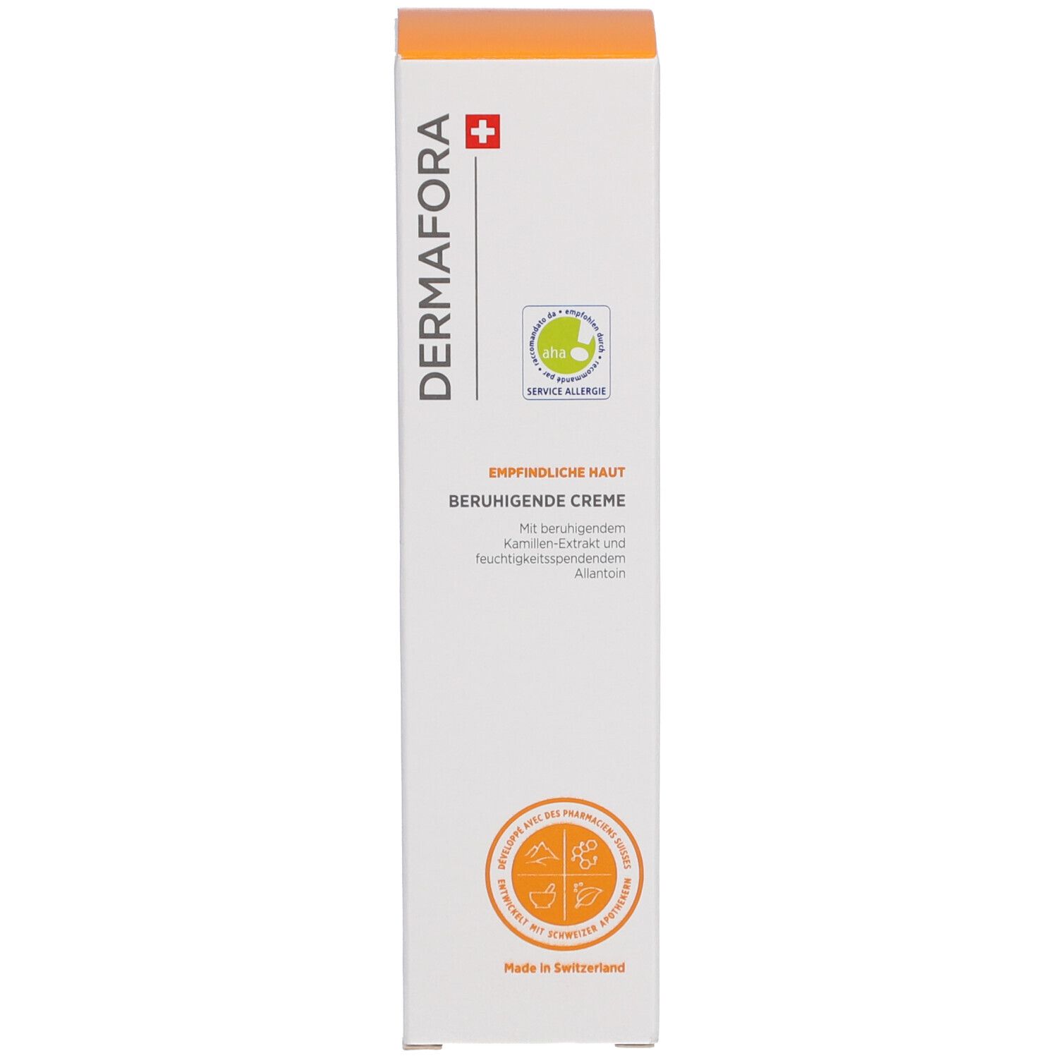Produktverpackung. Aufschrift: DERMAFORA, Beruhigende Creme. Logo: Schweizer Kreuz. Orangefarbene und weiße Verpackung.