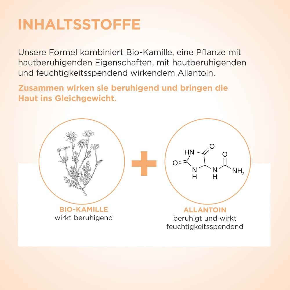 Inhaltsstoffe: Bio-Kamille und Allantoin. Bio-Kamille wirkt beruhigend. Allantoin wirkt feuchtigkeitsspendend.