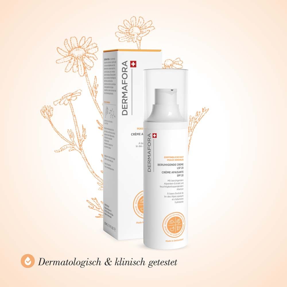 Produktflasche und Verpackung. Aufschrift: DERMAFORA, Beruhigende Creme LSF 20. Hintergrund mit Kamillenblüten. Dermatologisch getestet.