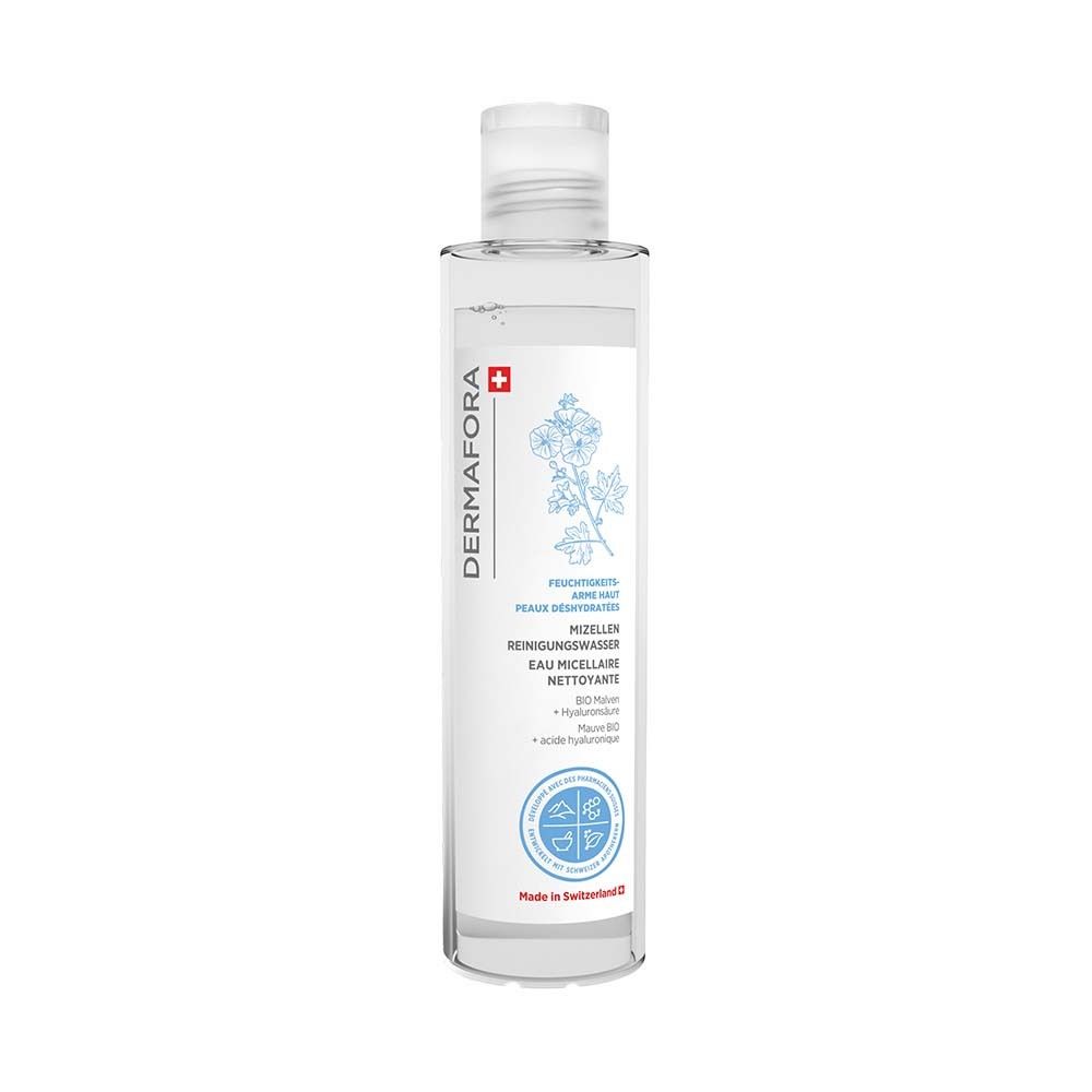 Klarflüssiges Mizellen Reinigungswasser in einer zylindrischen Flasche. Dermafora-Logo und Produktinformationen auf dem Etikett.