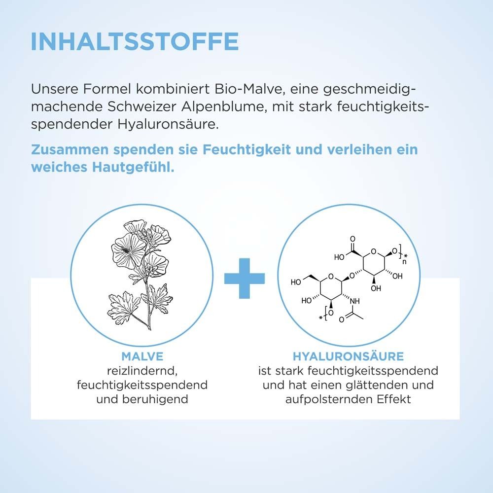 Abbildung von Malve und Hyaluronsäure. Text: Malve, Hyaluronsäure. Inhaltsstoffe.