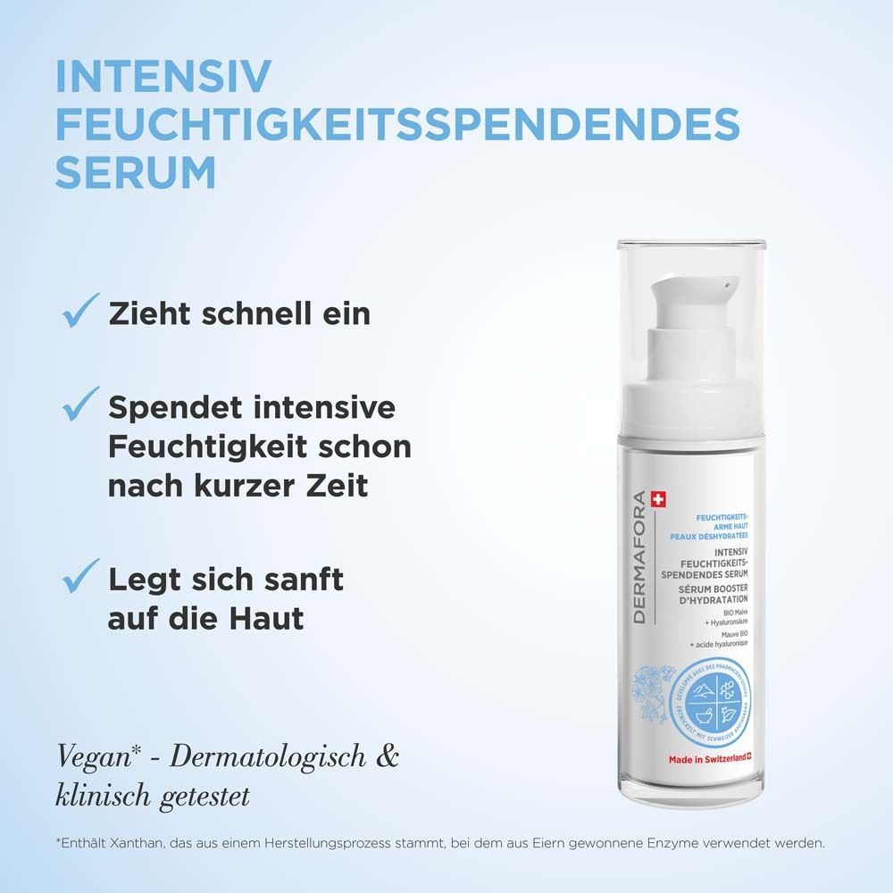 Serumflasche. Text: Intensiv feuchtigkeitsspendendes Serum. Zieht schnell ein, spendet Feuchtigkeit, sanft.