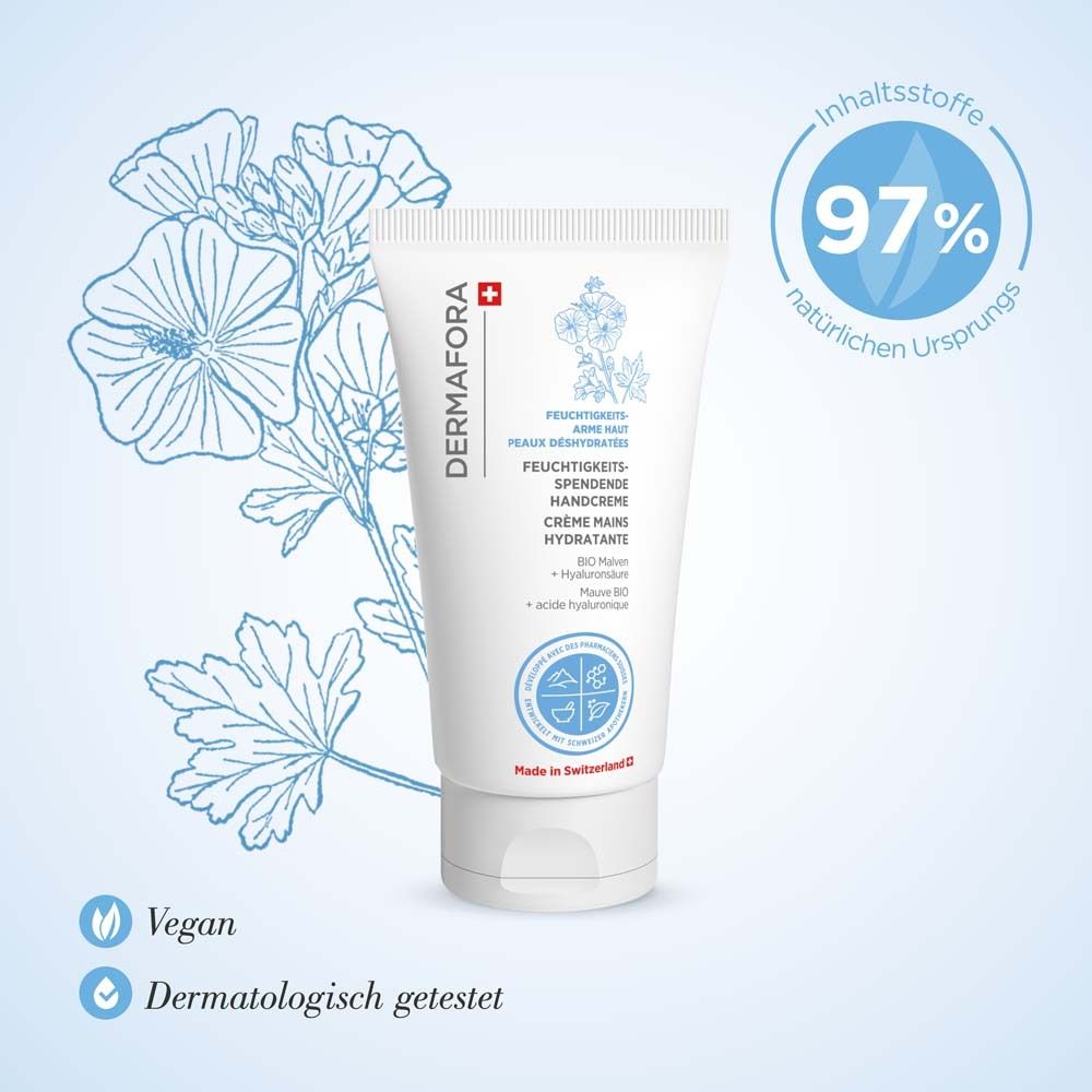 Weiße Tube Handcreme mit Malven-Illustration. Text: DERMAFORA, Feuchtigkeitsspendende Handcreme. Vegan. Dermatologisch getestet.