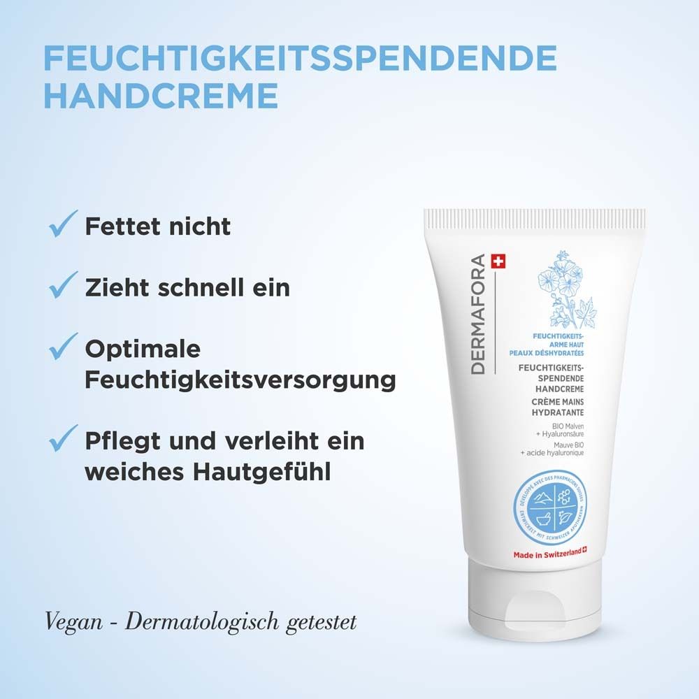 Weiße Tube Handcreme. Text: Feuchtigkeitsspendende Handcreme. Nicht fettend. Zieht schnell ein. Vegan. Dermatologisch getestet.