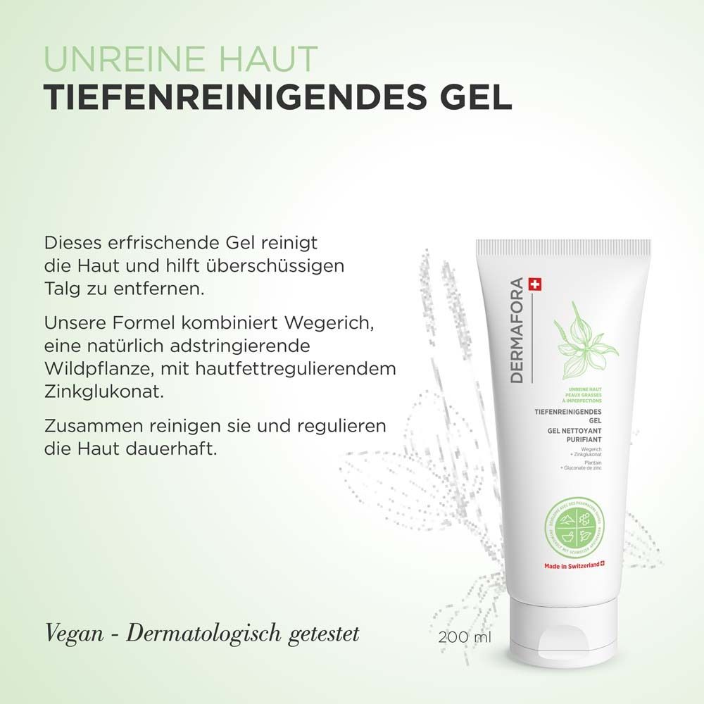Weisse Tube mit grünem Logo und Schriftzug. Text über unreine Haut und Inhaltsstoffe. Vegan und dermatologisch getestet. 200 ml.