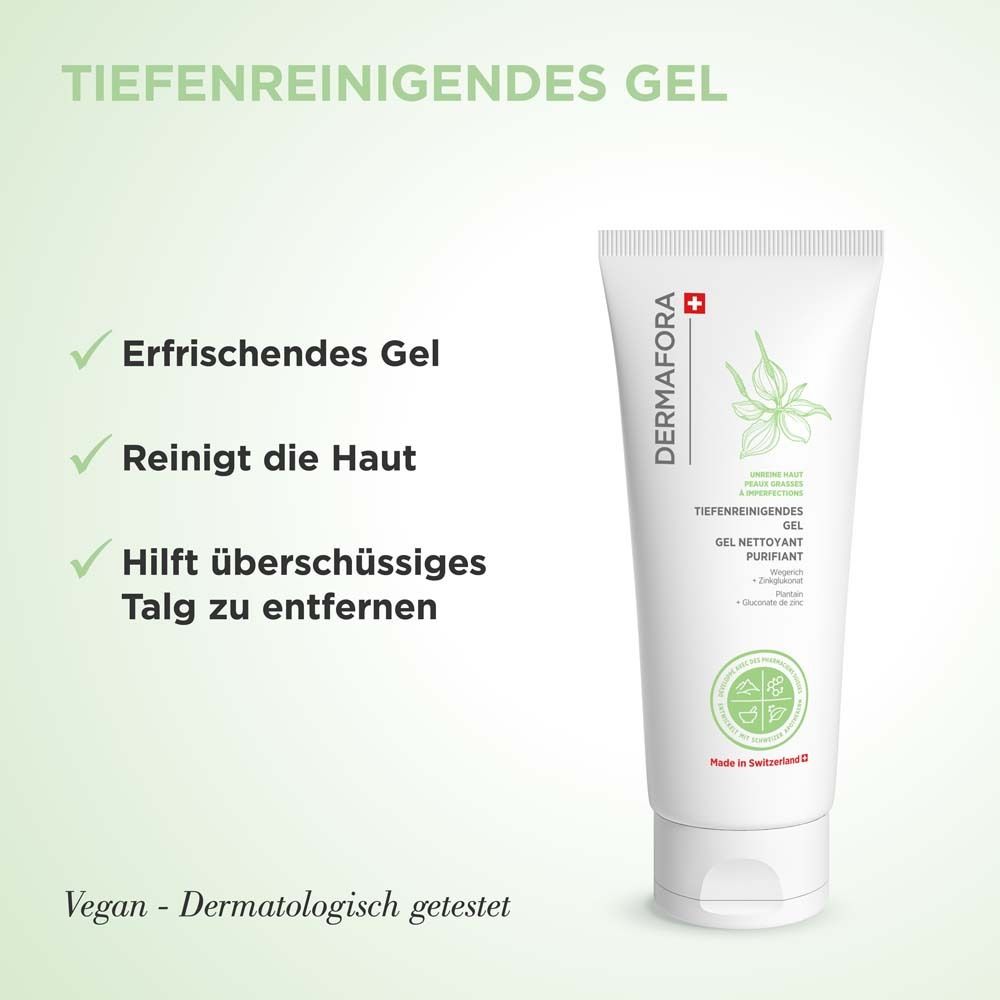 Weisse Tube mit grünem Logo und Schriftzug. Text über die Wirkung des Gels. Vegan und dermatologisch getestet.