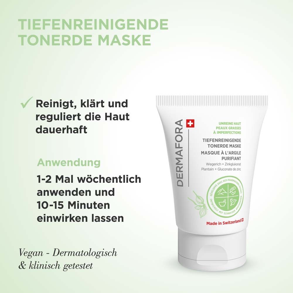 Text mit Produktabbildung. Text: Tiefenreinigende Tonerde Maske. Anwendung. Vegan. Dermatologisch getestet.