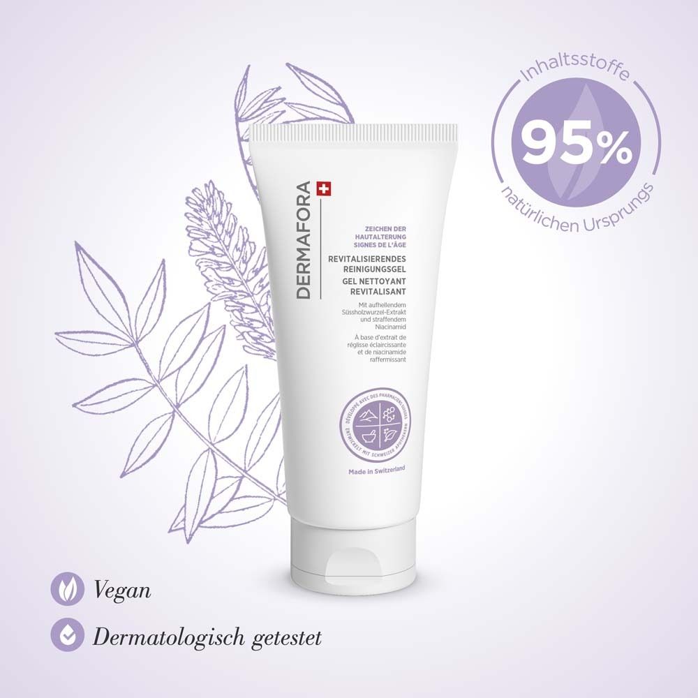 Weisse Tube mit Produkttext und Logo. Vegan- und dermatologisch getestet. Hintergrund mit Blättern und 95% natürlichen Ursprungs.