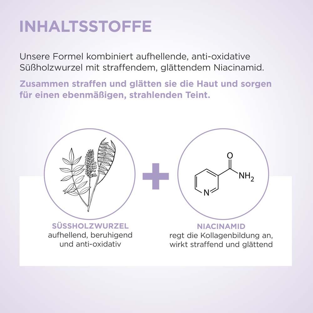Grafische Darstellung von Inhaltsstoffen. Süßholzwurzel und Niacinamid. Text beschreibt die Inhaltsstoffe und ihre Wirkung.