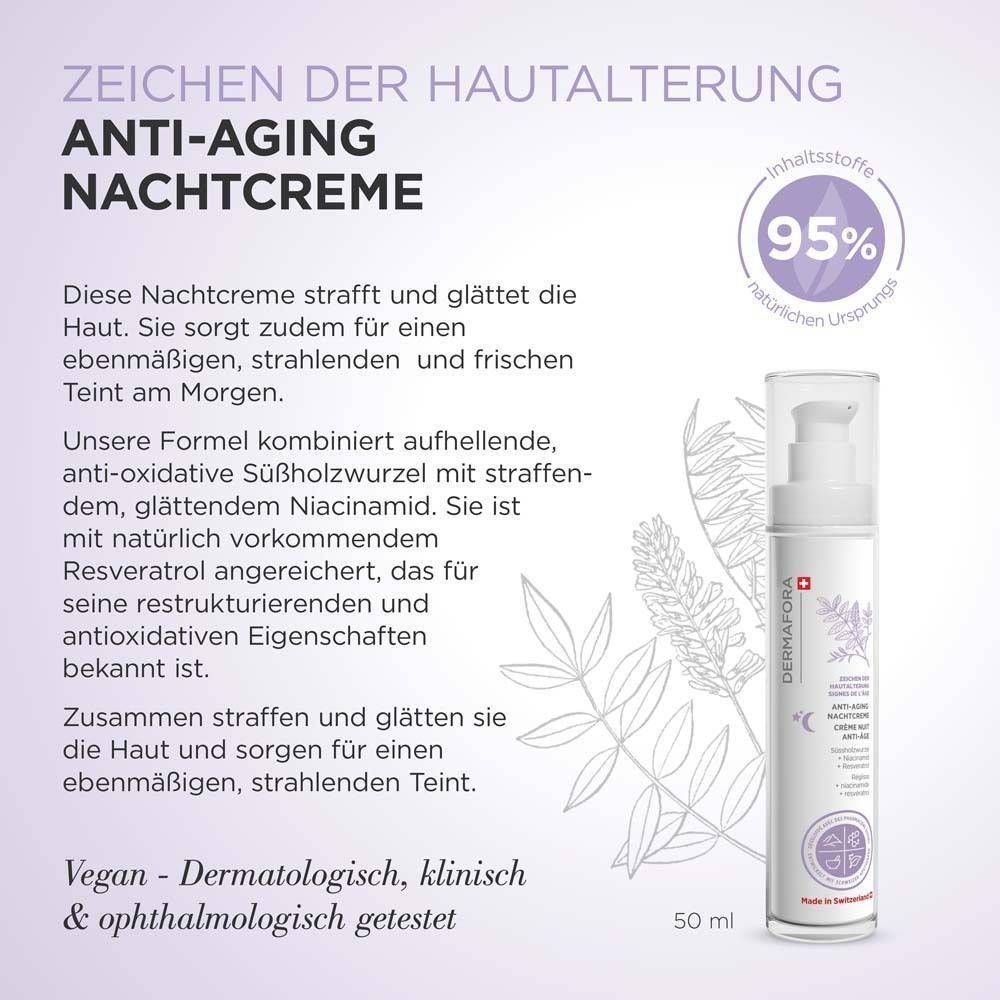 Text mit Produkt. Anti-Aging Nachtcreme. Text: strafft und glättet die Haut. Vegan. Dermatologisch getestet. 50 ml.