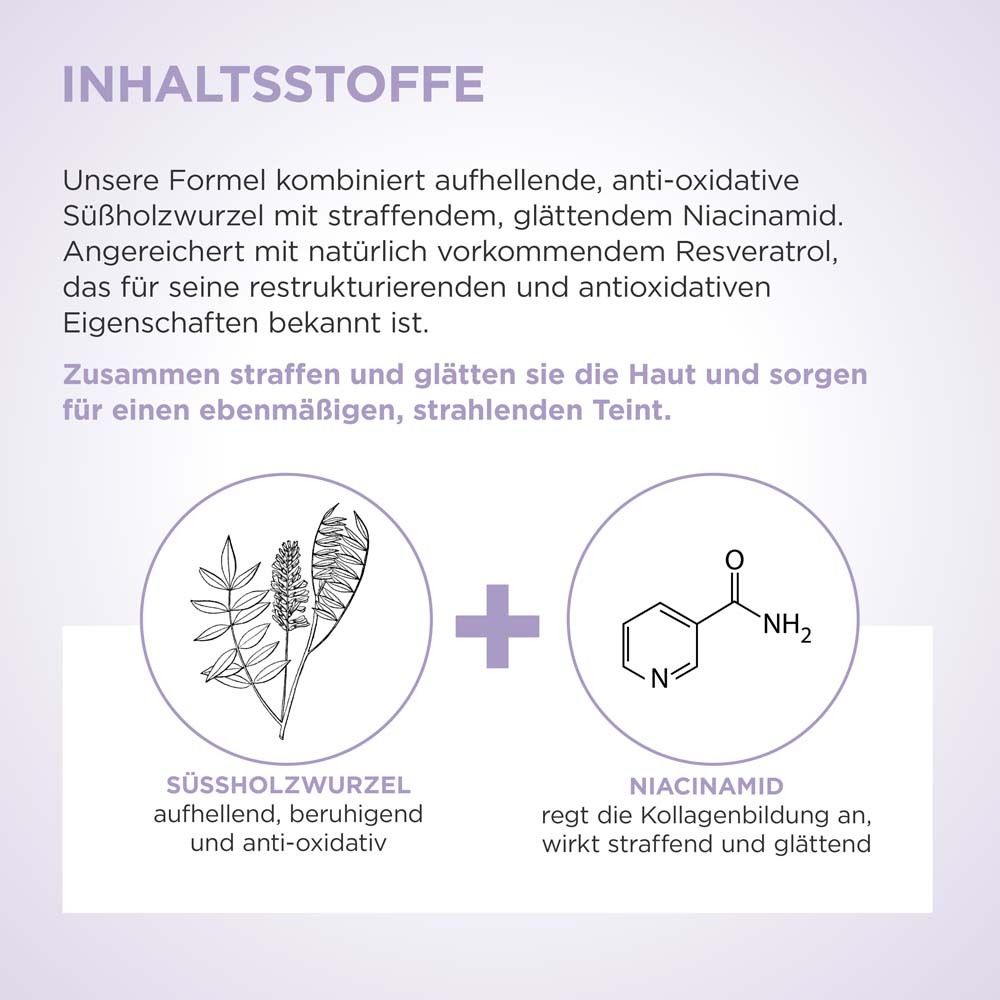 Inhaltsstoffe. Süßholzwurzel und Niacinamid. Text: aufhellend, beruhigend, anti-oxidativ. Regt Kollagenbildung an.