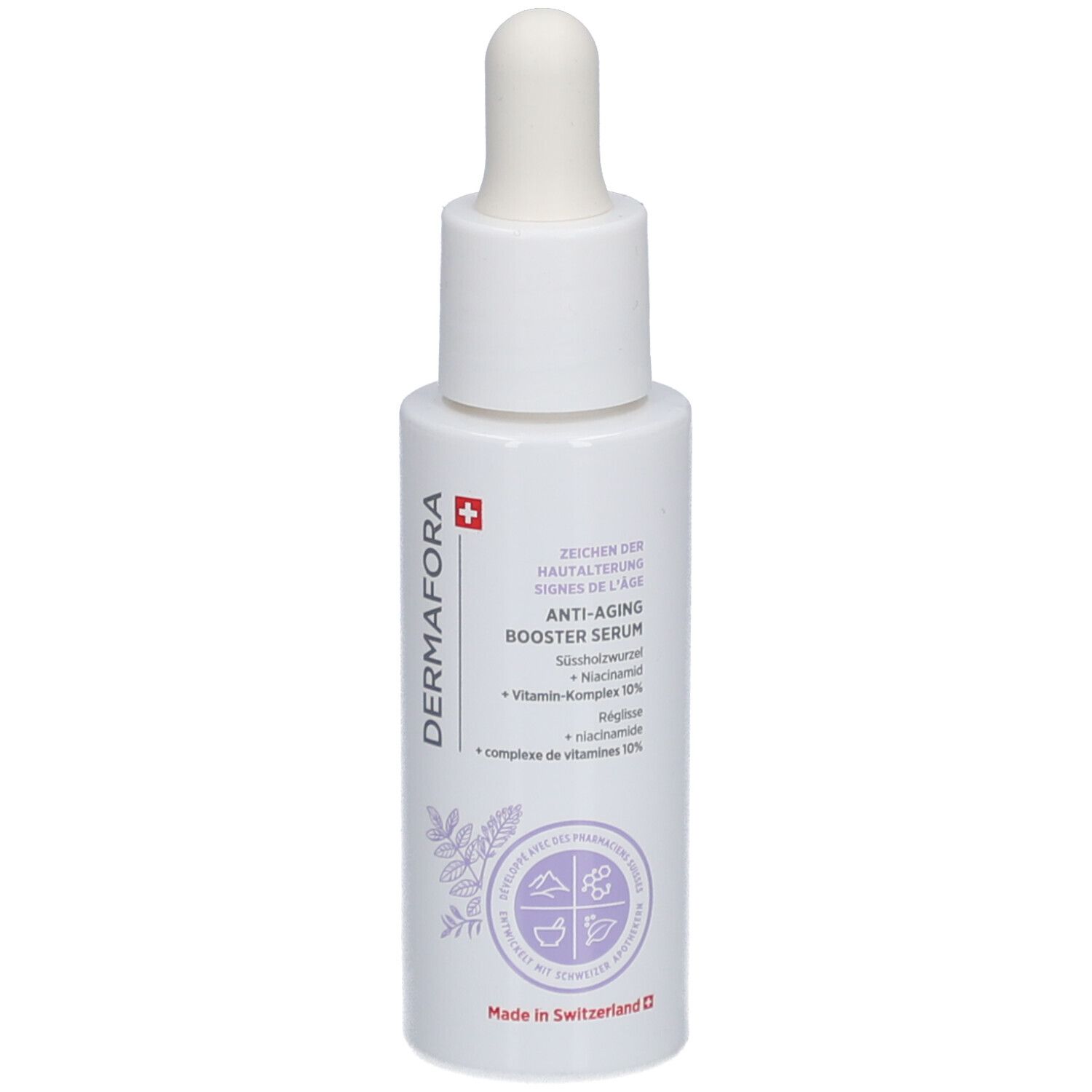 Weiße Flasche mit Pipette. Aufschrift: DERMAFORA, Anti-Aging Booster Serum. Inhaltsstoffe: Süßholzwurzel, Niacinamid, Vitamin-Komplex 10%.