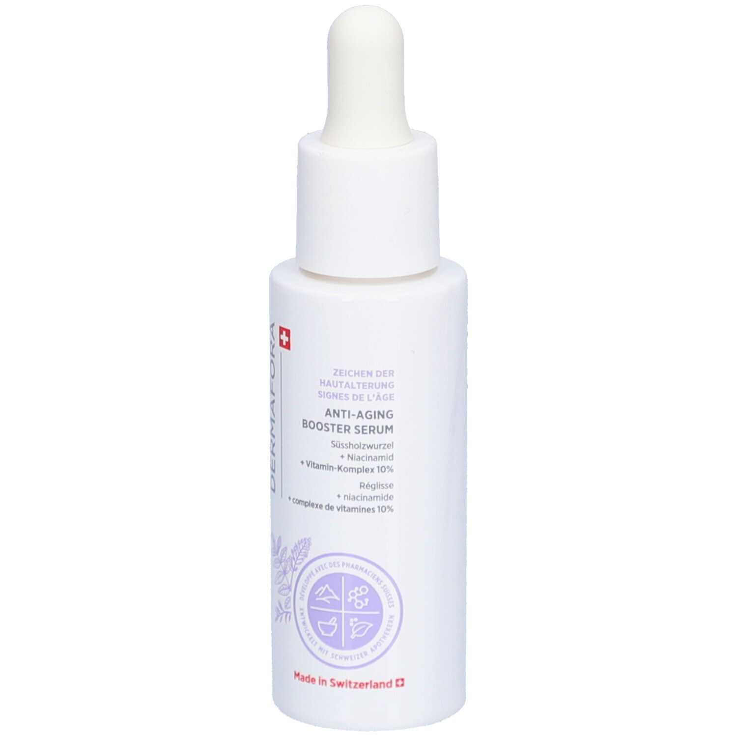 Weiße Flasche mit Pipette. Aufschrift: DERMAFORA, Anti-Aging Booster Serum. Inhaltsstoffe: Süßholzwurzel, Niacinamid, Vitamin-Komplex 10%.
