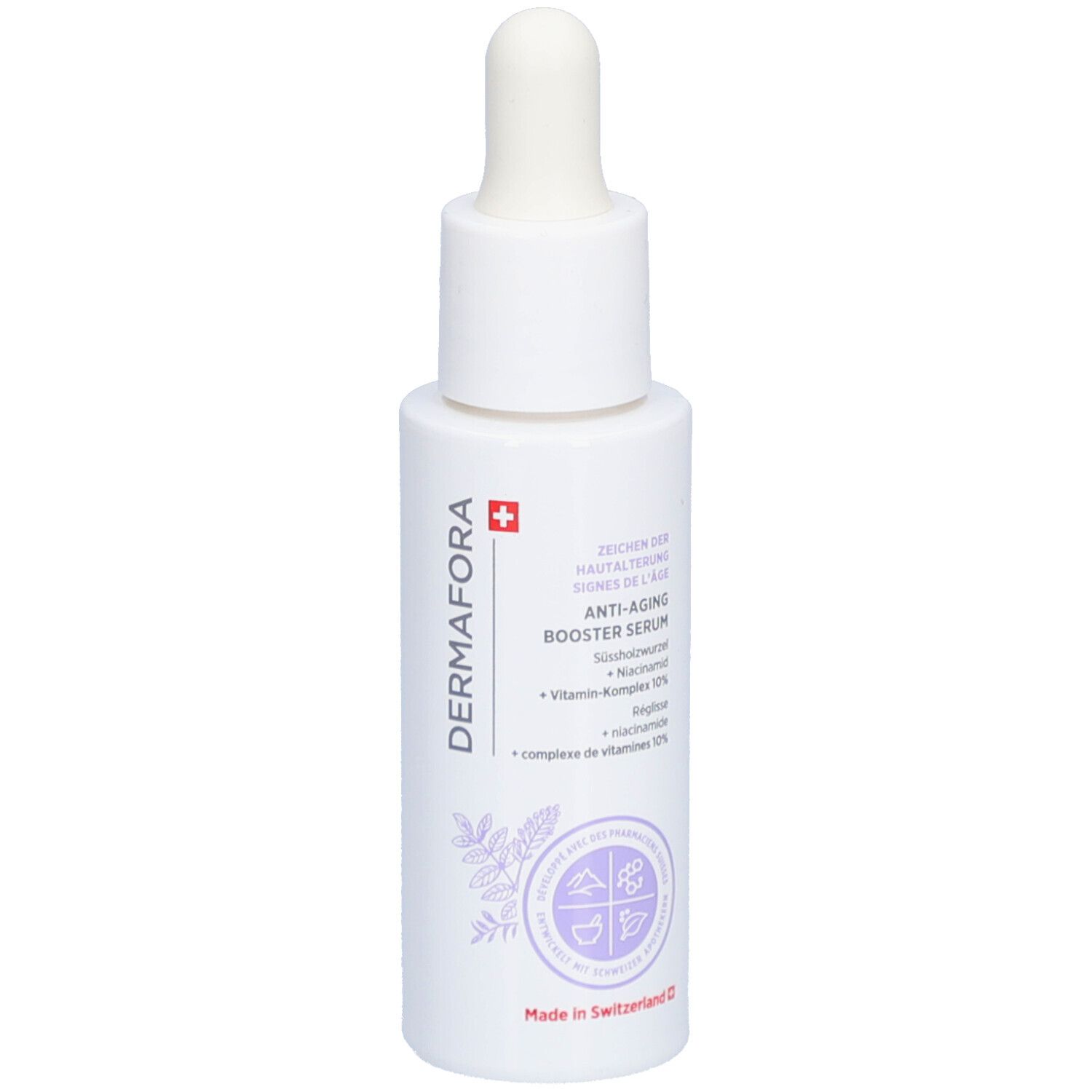 Weiße Flasche mit Pipette. Aufschrift: DERMAFORA, Anti-Aging Booster Serum. Inhaltsstoffe: Süßholzwurzel, Niacinamid, Vitamin-Komplex 10%.