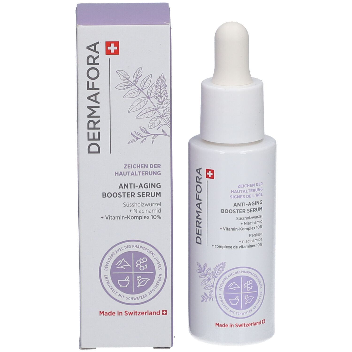 Produktflasche und Verpackung. Aufschrift: DERMAFORA, Anti-Aging Booster Serum. Inhaltsstoffe: Süßholzwurzel, Niacinamid, Vitamin-Komplex 10%.