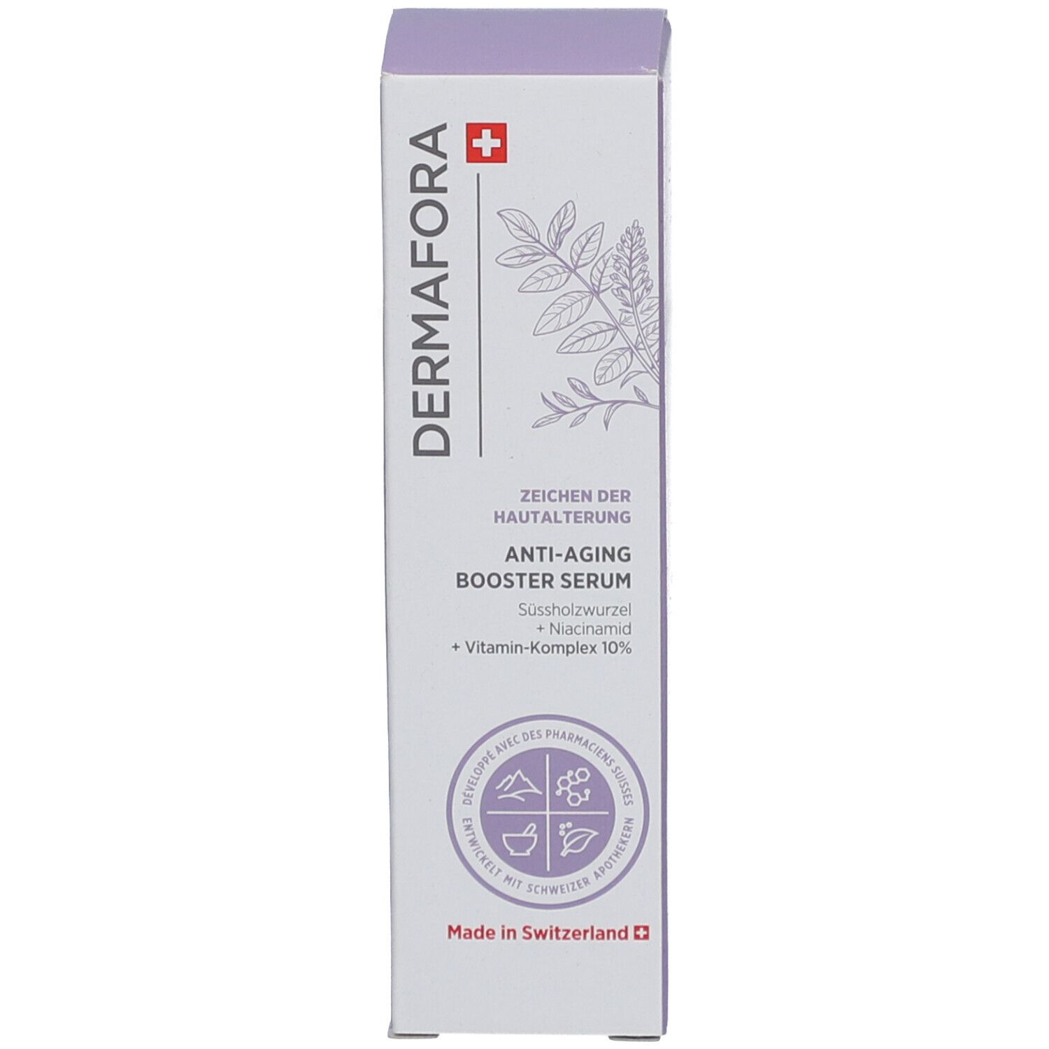Produktverpackung. Aufschrift: DERMAFORA, Anti-Aging Booster Serum. Inhaltsstoffe: Süßholzwurzel, Niacinamid, Vitamin-Komplex 10%.