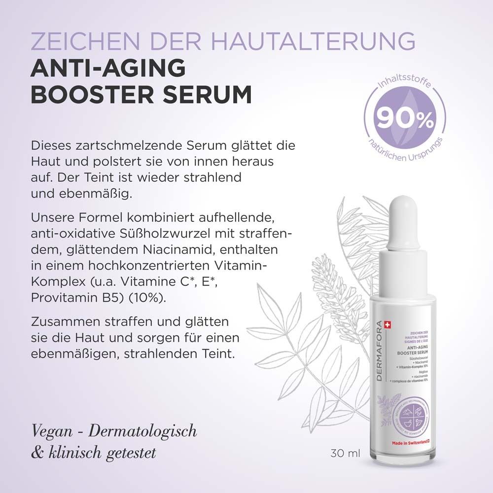 Produkt mit Text. Flasche mit Pipette. Aufschrift: Anti-Aging Booster Serum. 30 ml. Vegan.