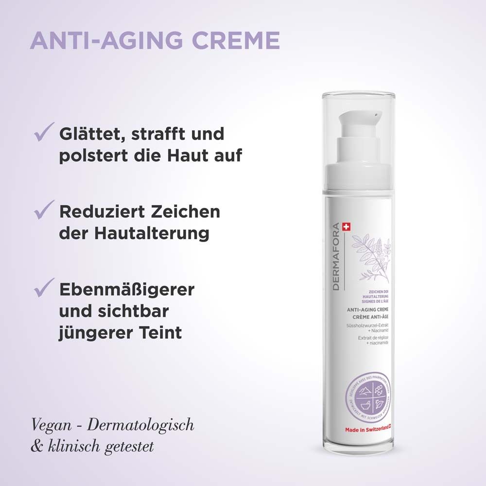 Produkt mit Text. Aufschrift: Anti-Aging Creme. Glättet, strafft, polstert die Haut auf. Vegan. Dermatologisch getestet.