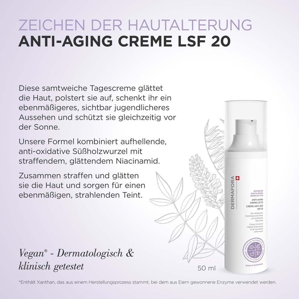 Weiße Creme-Flasche. Text: Anti-Aging Creme LSF 20. Enthält aufhellende, anti-oxidative Süßholzwurzel und Niacinamid.