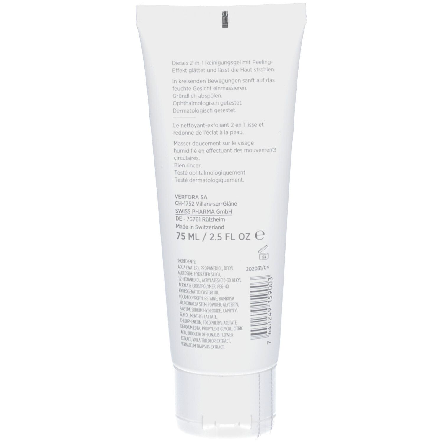 Rückseite der Tube. Text in mehreren Sprachen. Herstellerinformationen. Inhaltsstoffe. 75 ml / 2.5 FL OZ. Hergestellt in der Schweiz.