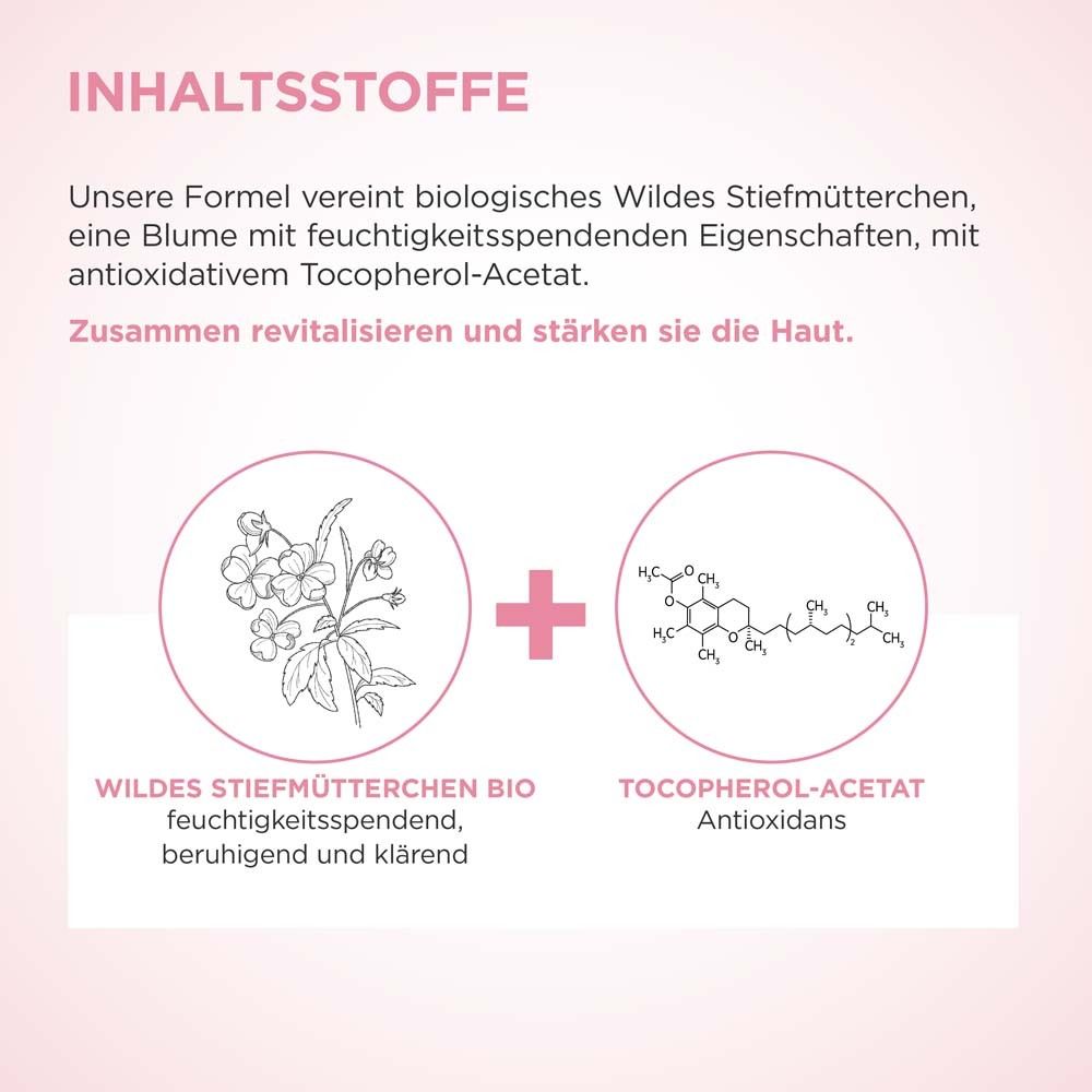 Zwei Kreise mit Inhaltsstoffen. Wildes Stiefmütterchen und Tocopherol-Acetat. Text: feuchtigkeitsspendend, beruhigend, klärend.