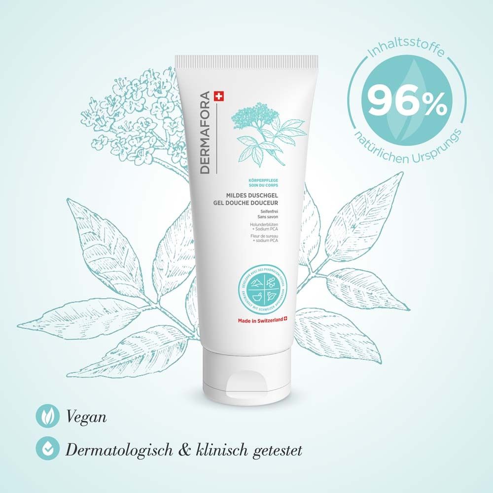 Weißes Duschgel-Tube mit Logo und Illustration. 96% natürlichen Ursprungs. Vegan und dermatologisch getestet.