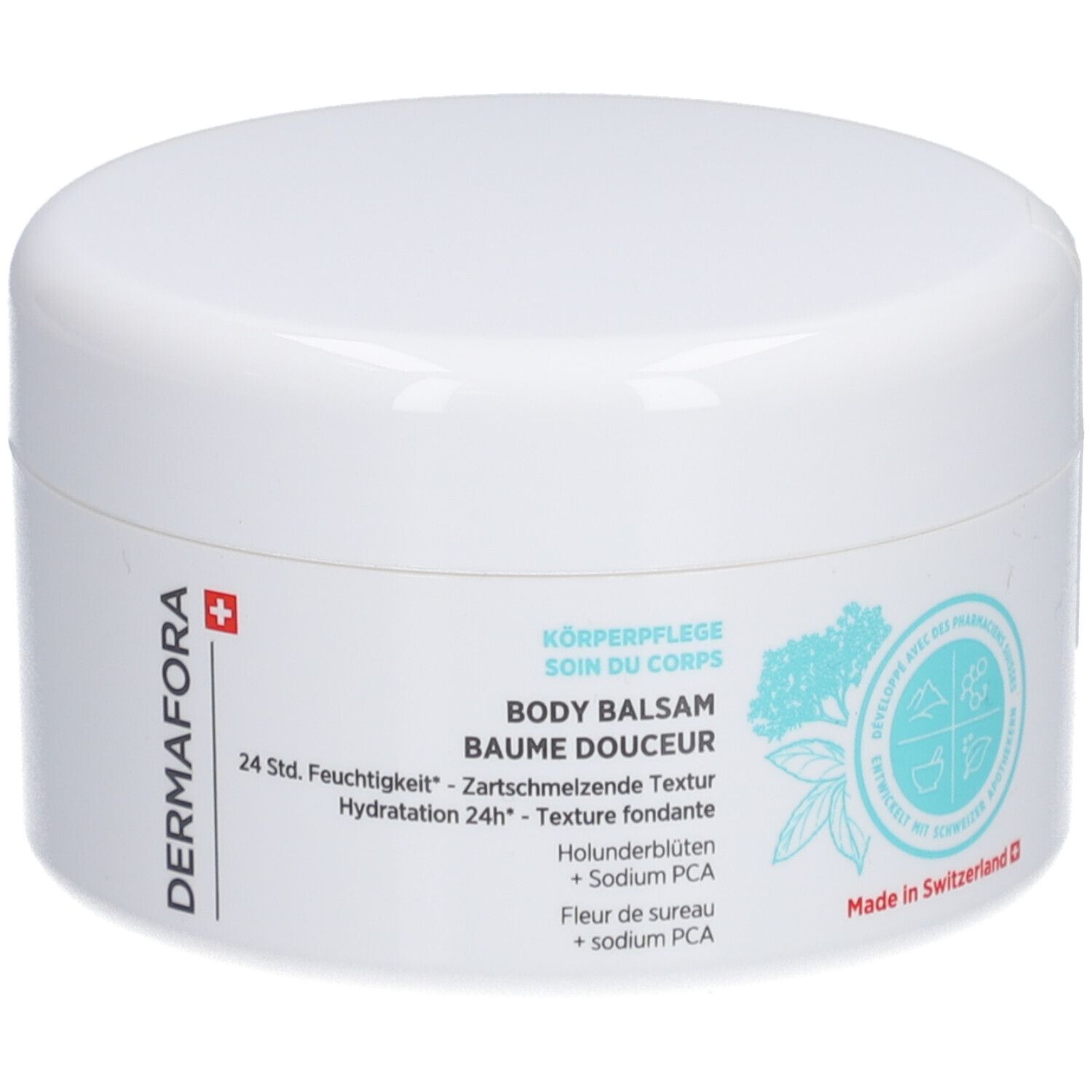 Weißer Tiegel mit Deckel. Aufschrift: DERMAFORA, BODY BALSAM, 24 Std. Feuchtigkeit, Baume Douceur. Mit Schweizer Kreuz.
