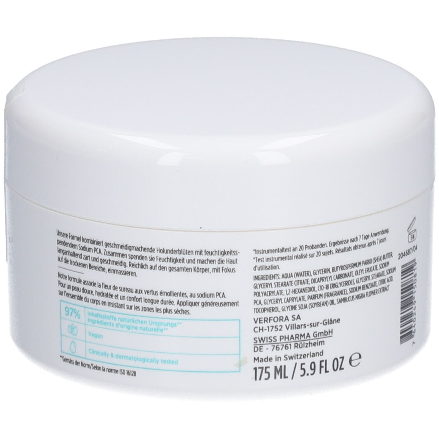 Weißer Tiegel mit Deckel. Aufschrift: DERMAFORA, 175 ml/5.9 fl oz. Inhaltsstoffe und Herstellerinformationen auf der Seite.