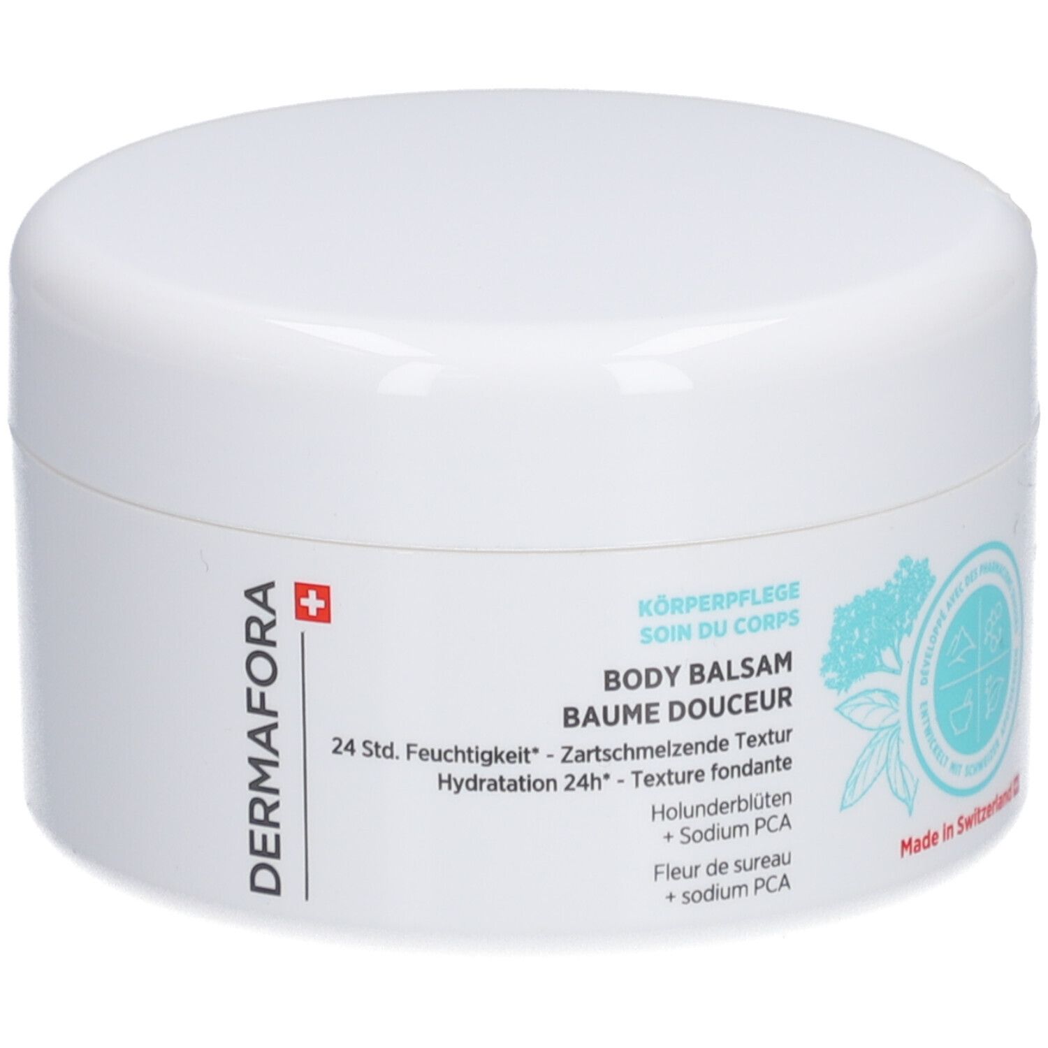 Weißer Tiegel mit Deckel. Aufschrift: DERMAFORA, BODY BALSAM, 24 Std. Feuchtigkeit, Baume Douceur. Mit Schweizer Kreuz.
