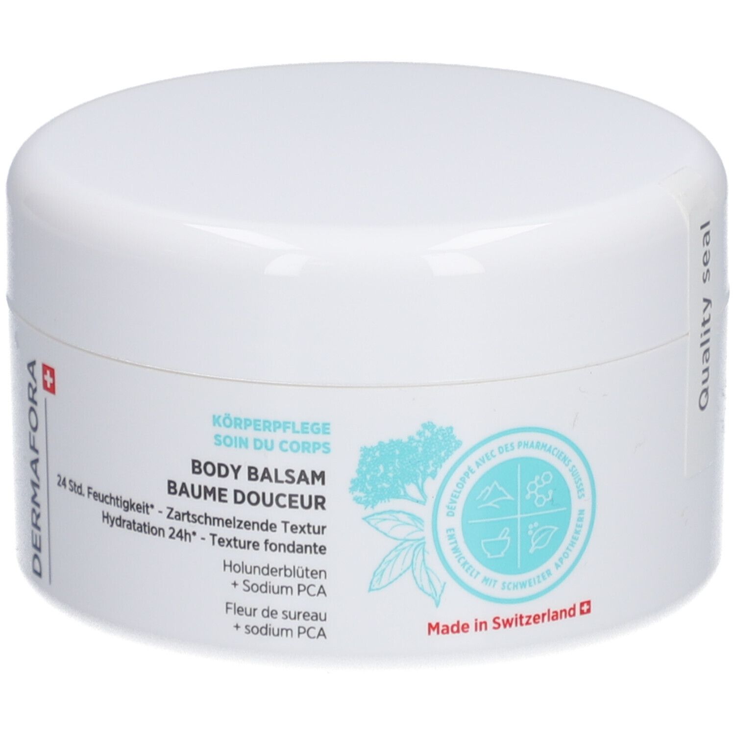 Weißer Tiegel mit Deckel. Aufschrift: DERMAFORA, BODY BALSAM, 24 Std. Feuchtigkeit, Baume Douceur. Mit Schweizer Kreuz.