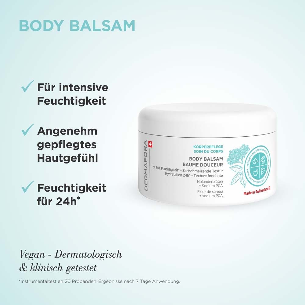 Weißer Tiegel mit Text. Text: DERMAFORA, Body Balsam, 24h Feuchtigkeit. Vegan, dermatologisch & klinisch getestet. Blaue Häkchen.